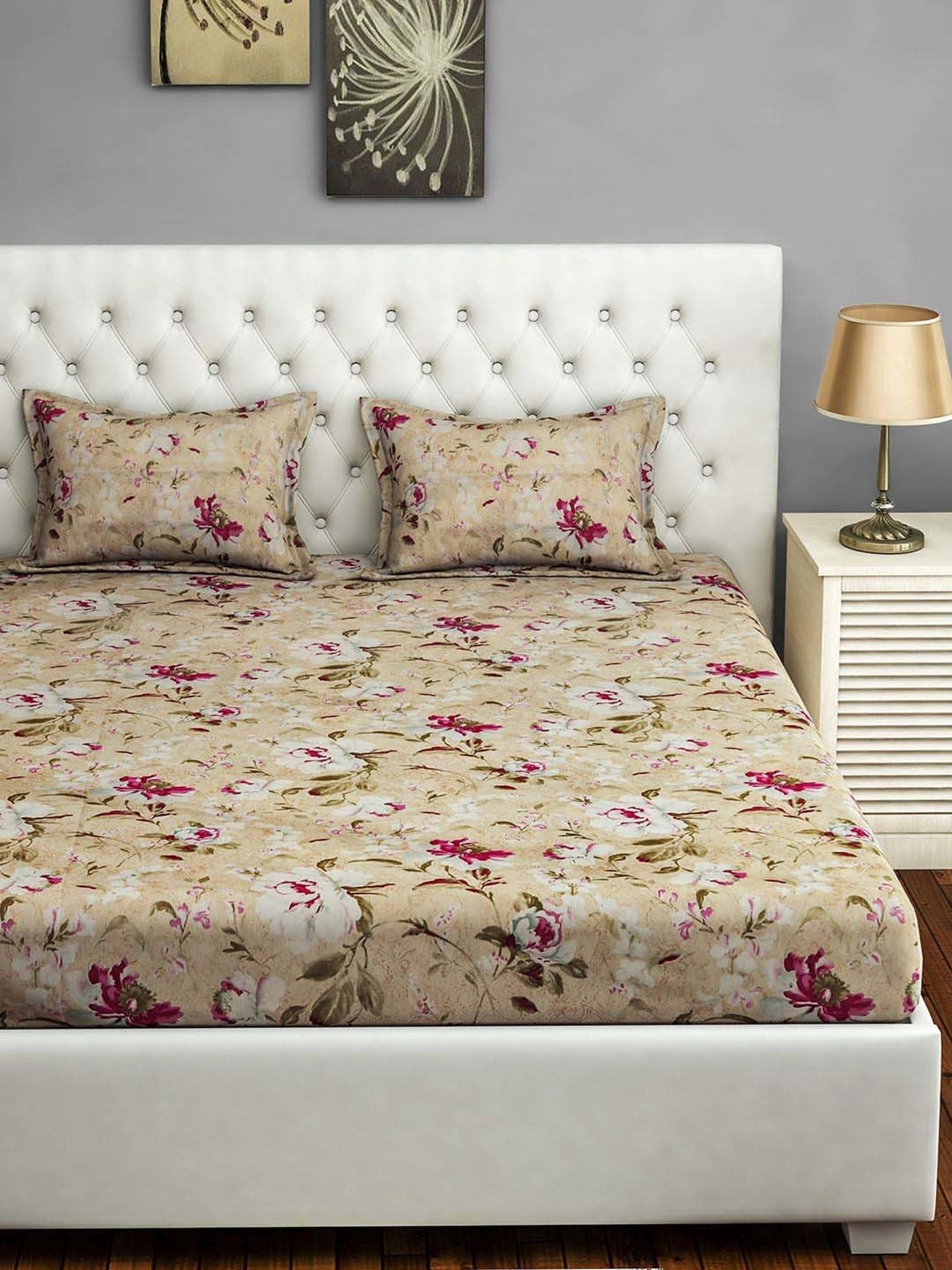 Swayam Floral Green 160 TC Cotton Single Bedsheet with 2 Pillow Covers