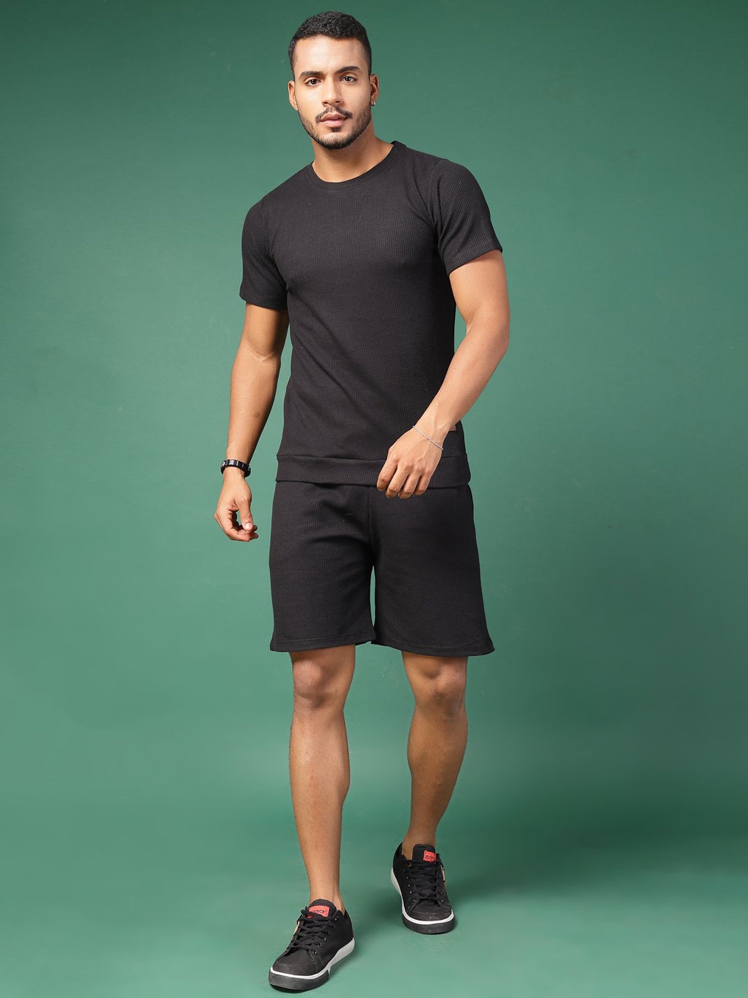 Rigo Black Slim Fit Textured T-Shirt & Shorts Set