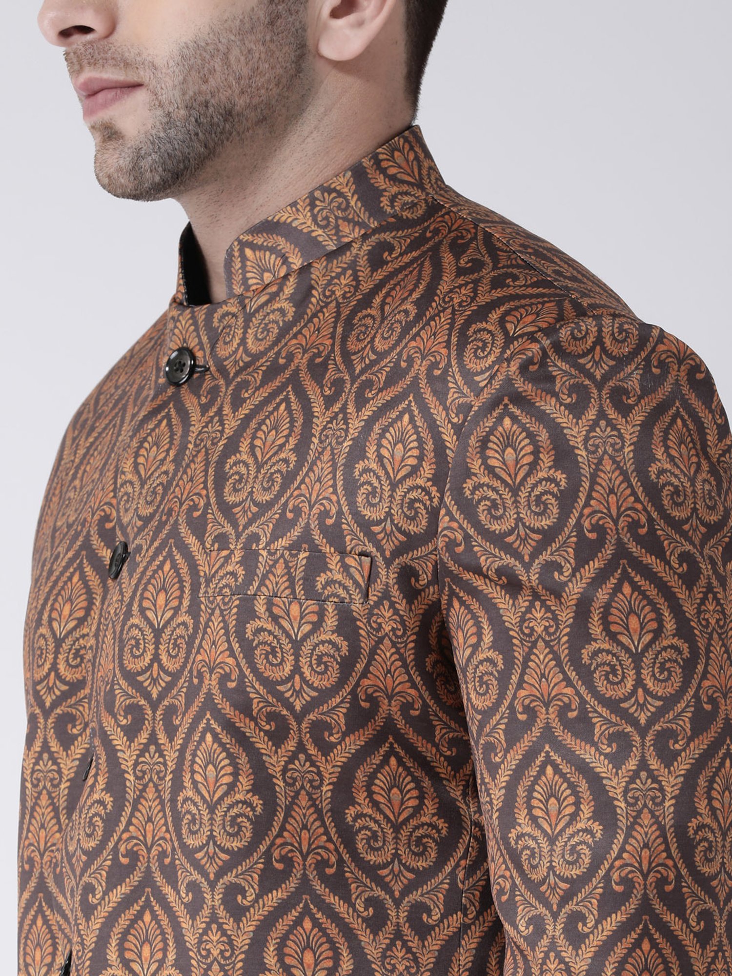 Hangup Plus Brown Regular Fit Printed Ethnic Blazer