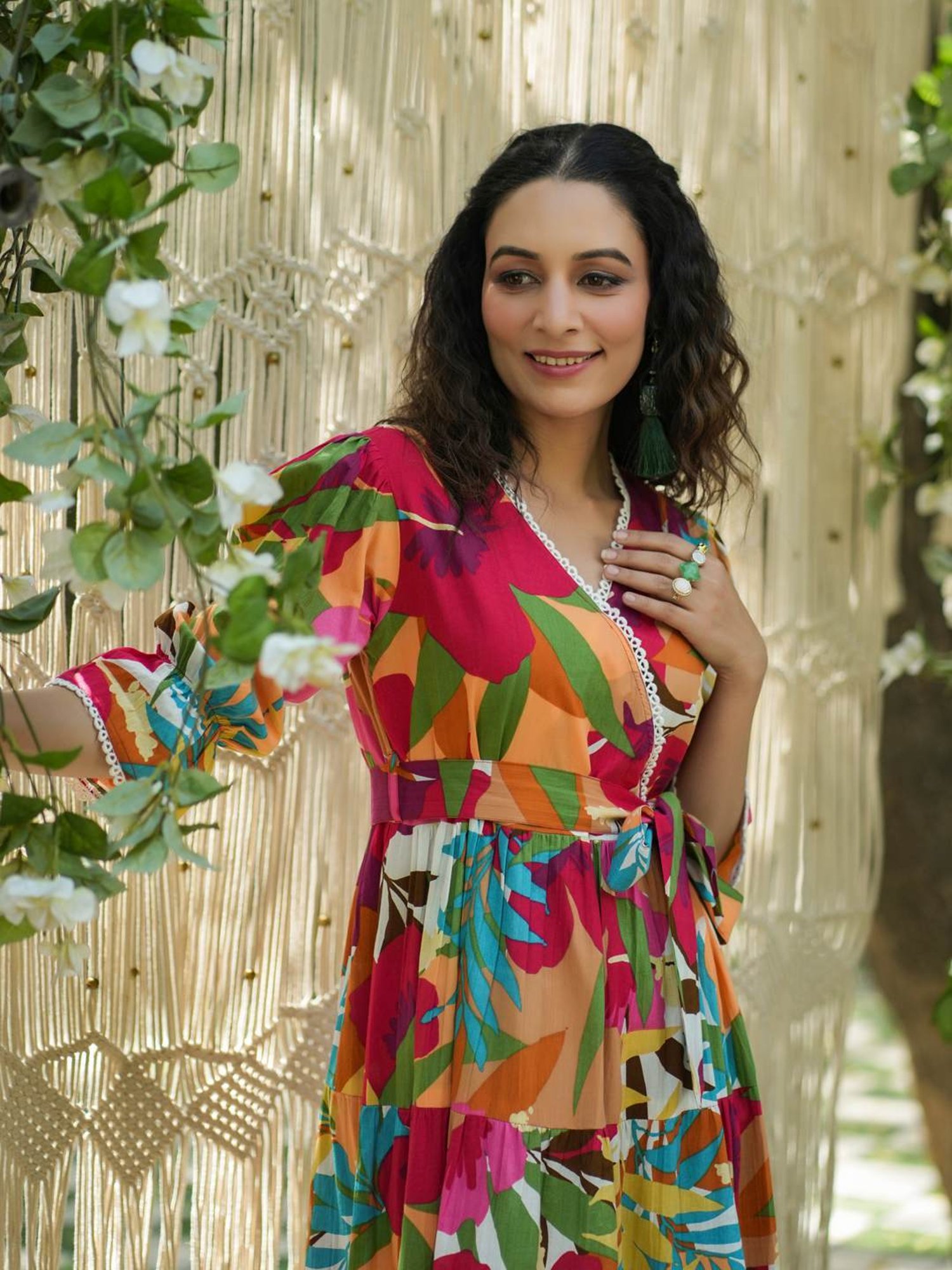 Rain and Rainbow Multicolored Cotton Floral Print A-Line Dress