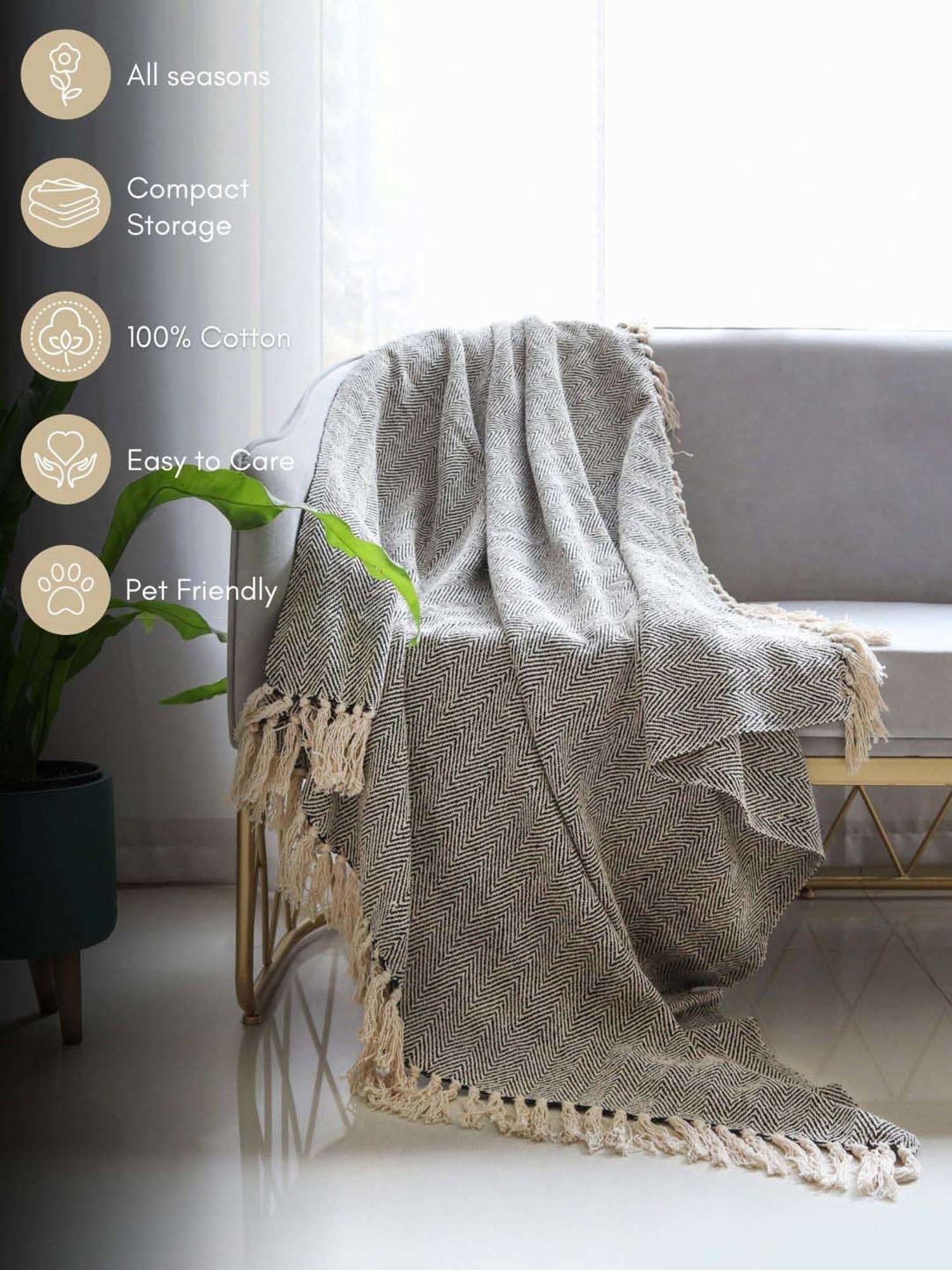 Nestasia Black & Cream Chevron Cotton Knitted Throw blanket with texture for Living Room or Bedroom