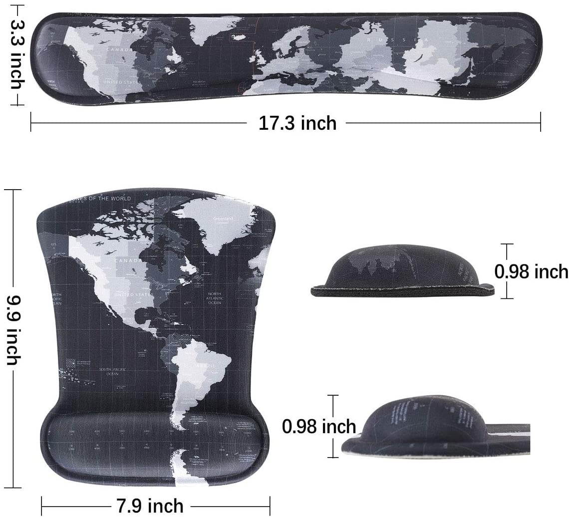 Keyboard Wrist Rest Pad Ergonomic Mouse Pad Set, ToLuLu Mouse Pad for Computer Laptop, Non Slip Mousepad Keyboard Wrist Support with Raised Memory Foam for Easy Typing Pain Relief, Cool World Map