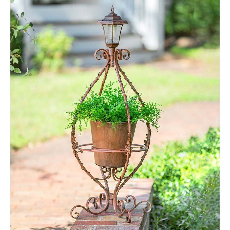 Wind & Weather Antiqued Wrought Iron Plant Stand with Solar Light
