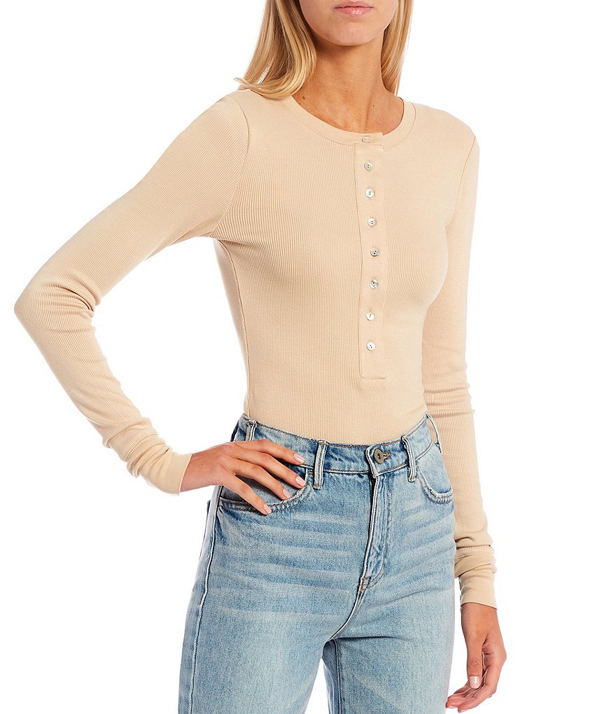 Every Button Front Snap Long Sleeve Henley Neck Bodysuit