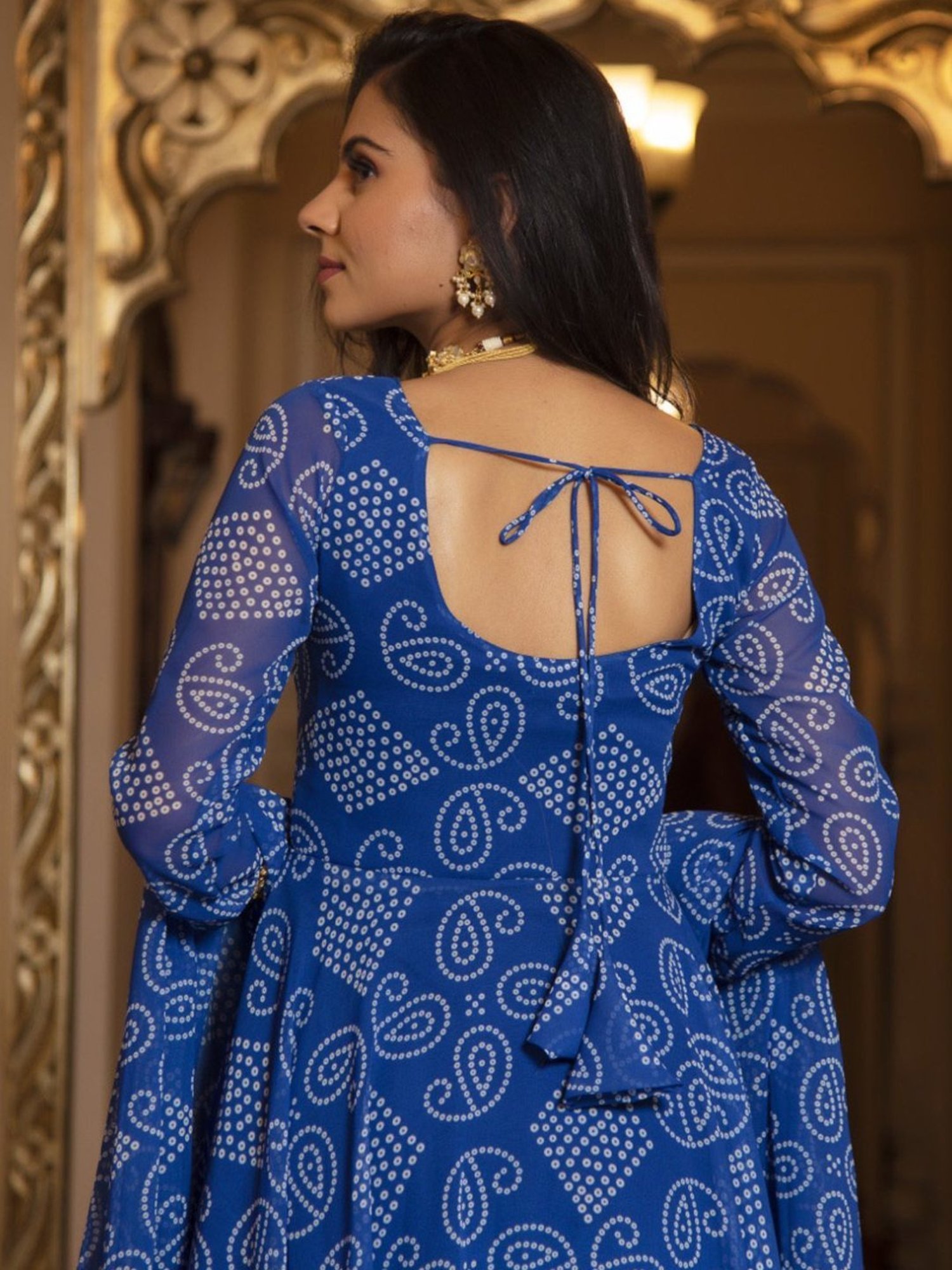 Calmna Berry Blue Bhandhej Anarkali Suit Set