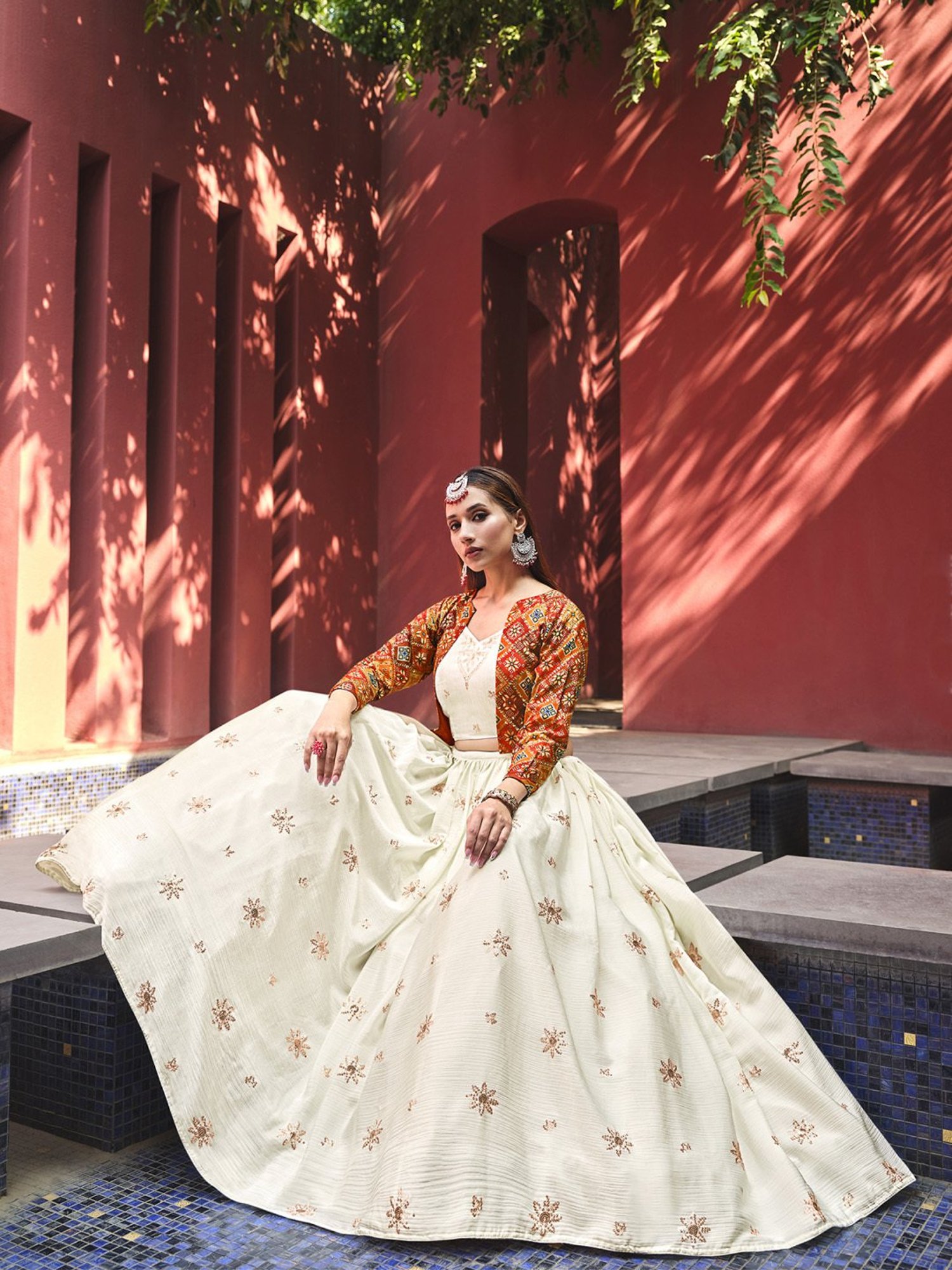 SHUBHKALA Beige Embellished Lehenga and Choli Set With Jacket