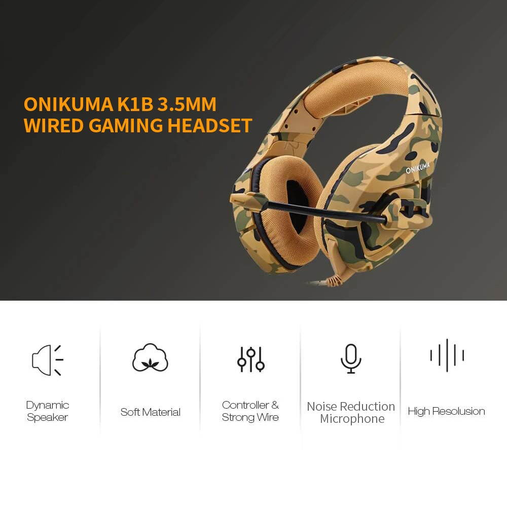 ONIKUMA K1B 3.5mm Head-mounted Headset Wired Gaming Headset with 50mm Driver Unit Noise Reduction Microphone Camouflage Grey
