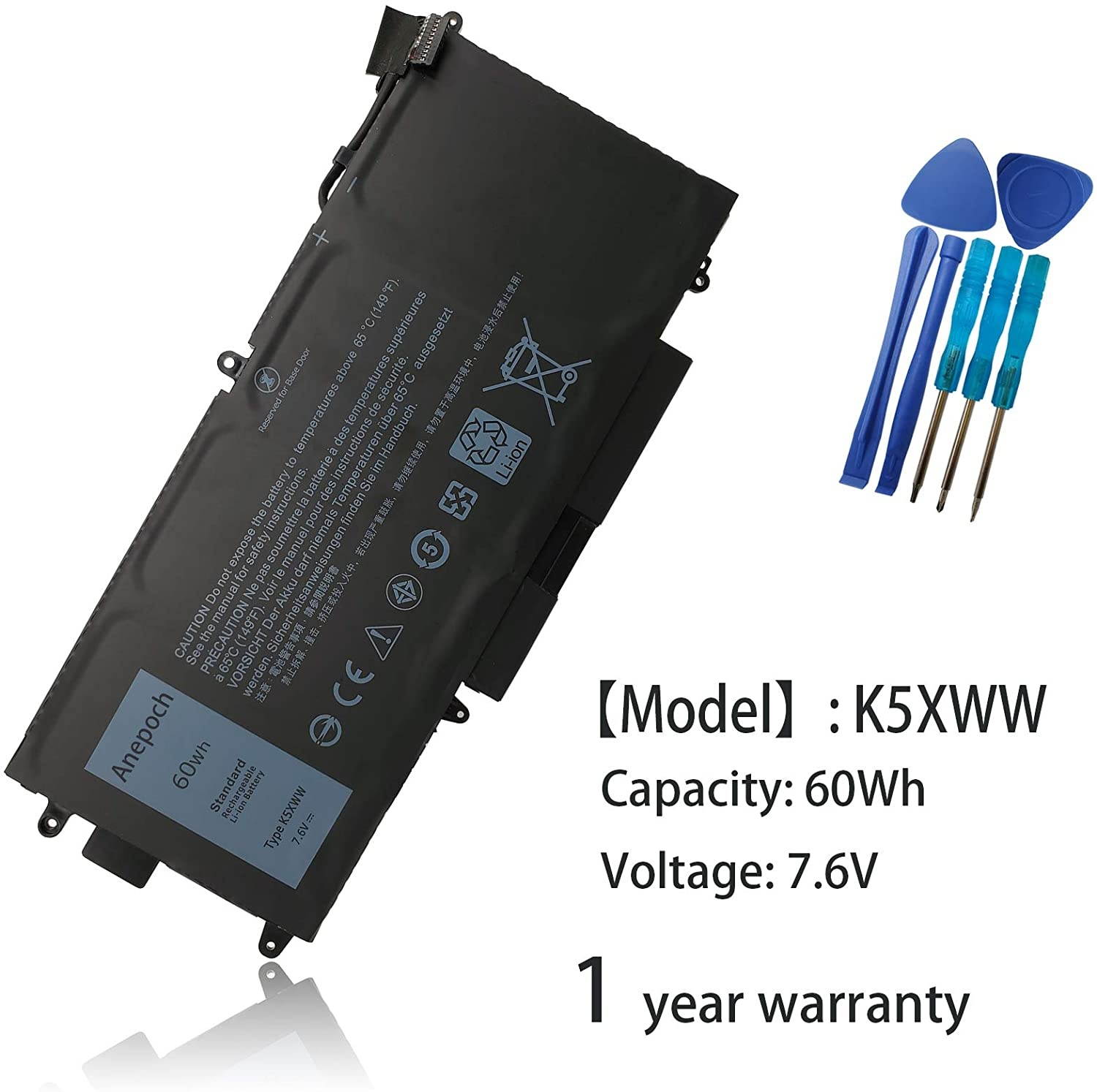 Anepoch K5XWW Laptop Battery for Dell Latitude 13 7389 P29S001 7390 P29S002 2-in-1 L3180 E5289 Series Notebook 6CYH6 71TG4 725KY J0PGR N18GG 7.6V 60Wh 7890mAh