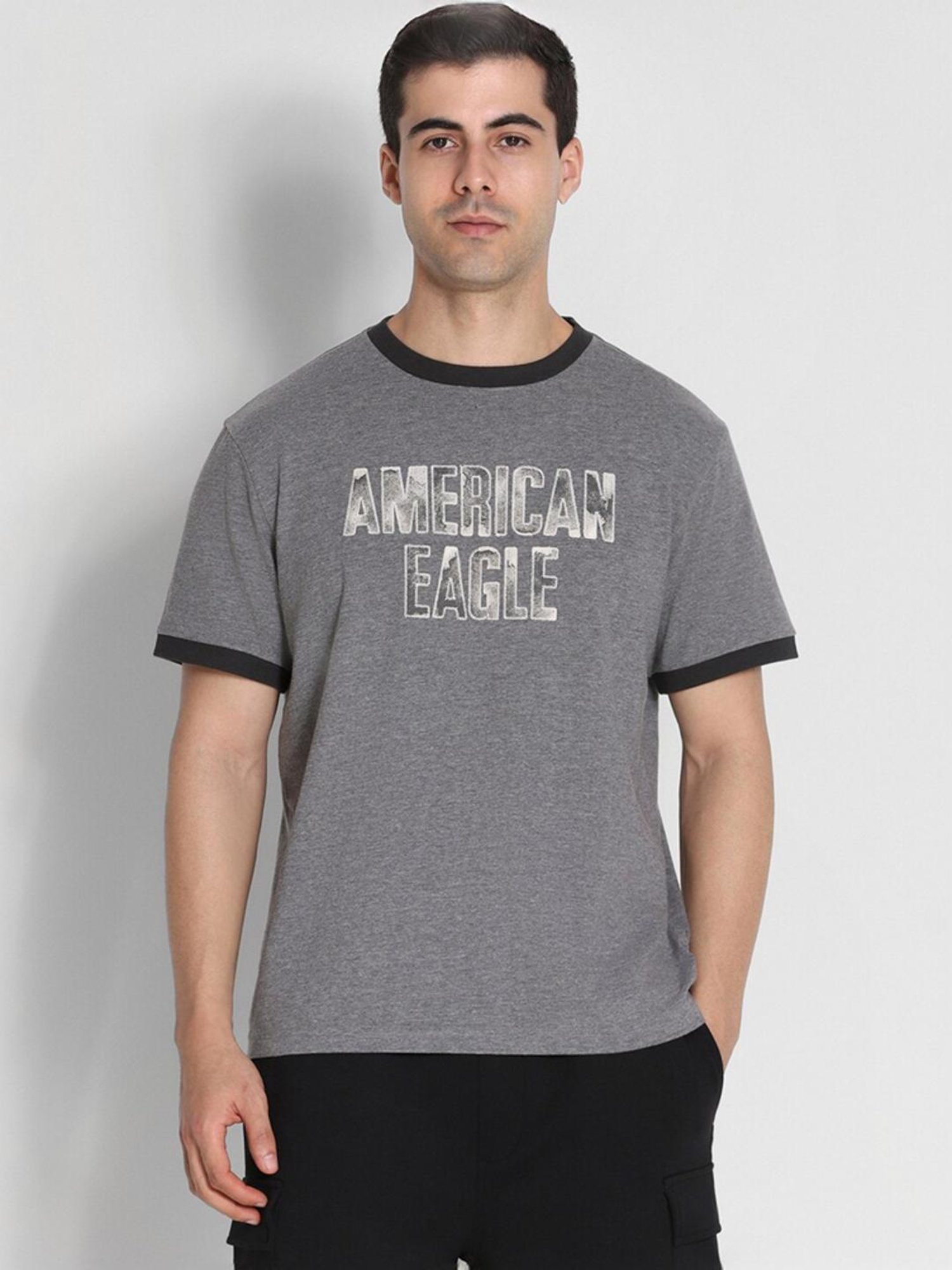American Eagle Grey Regular Fit Logo Printed T-Shirt
