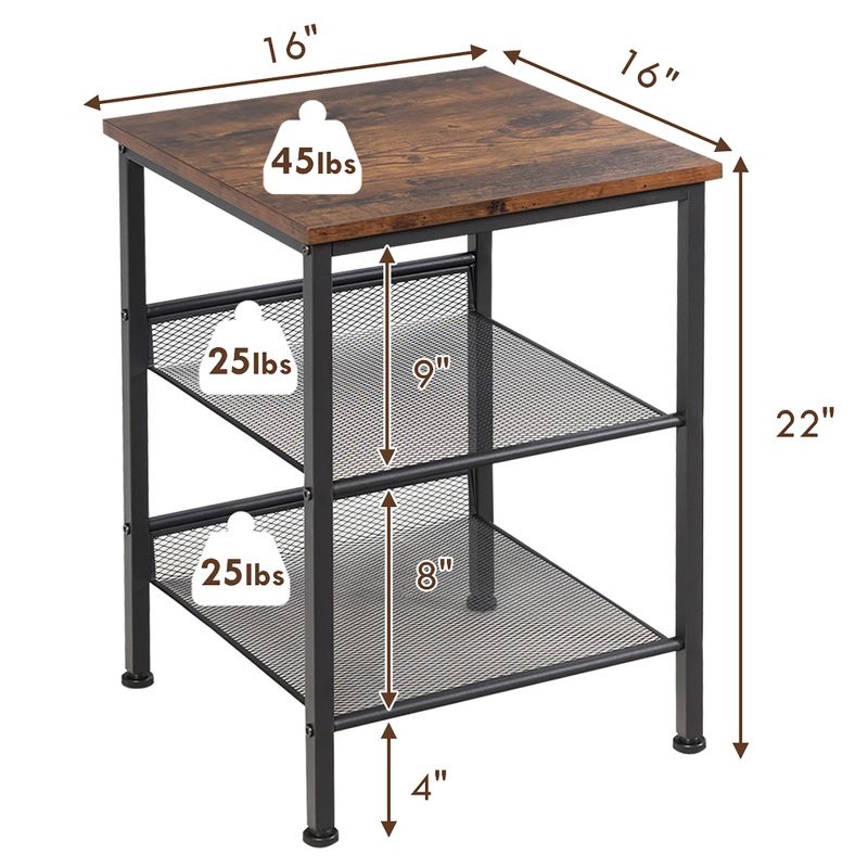 Costway Set of 2 3-Tier Industrial End Side Table Nightstand W/2 Adjustable Shelves