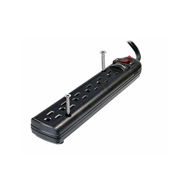THIS 6 OUTLET PLASTIC POWER STRIP HAS 750 JOULES, EMI/RFI FILTER AND A 25FT POWE