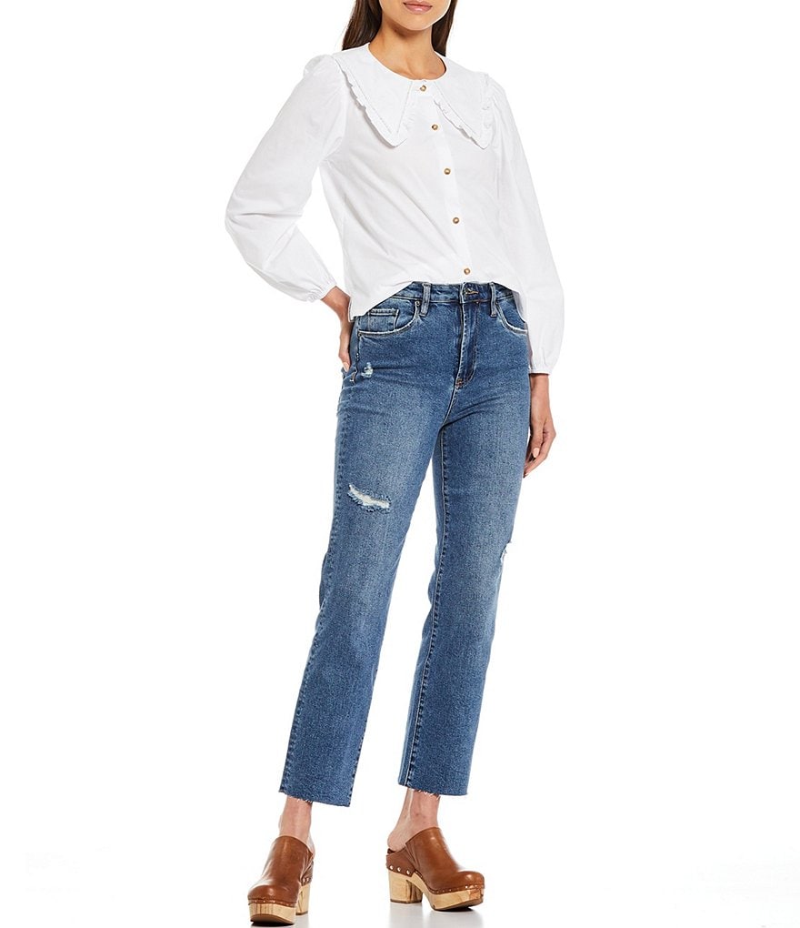 Chelsea & Violet Poplin Ruffle Peter Pan Collar Long Balloon Sleeve Blouse