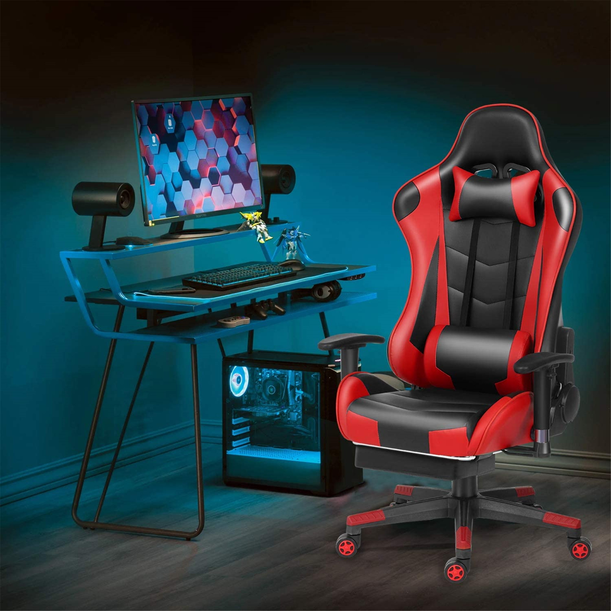 Ergonomic Gaming Chair Racing Chair E-Sports Chair Home Office Chair Computer Game Chair with PU Leather,3D Adjustable Arm,Memory Foam,Lumbar Support,Headrest and Footrest