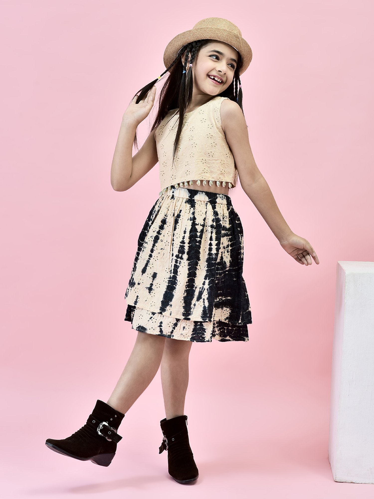 Juniper Girls Beige & Black Self Design Crop Top With Skirt