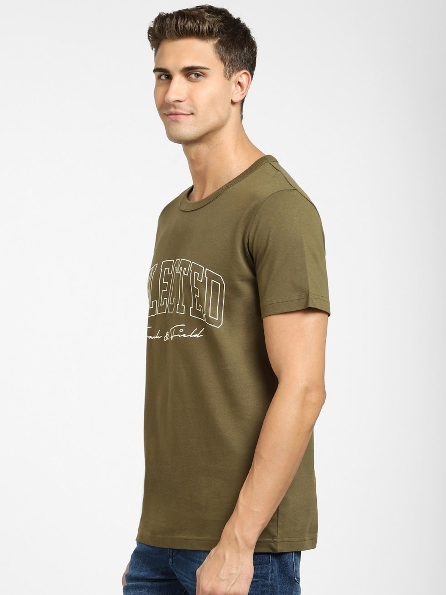 SELECTED HOMME Dark Olive Cotton Regular Fit Logo Printed T-Shirt