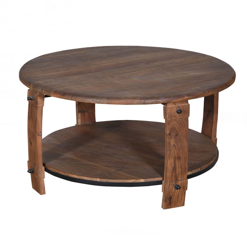 38" Retro Style Round Wooden Coffee Table with Bottom Shelf Brown - The Urban Port