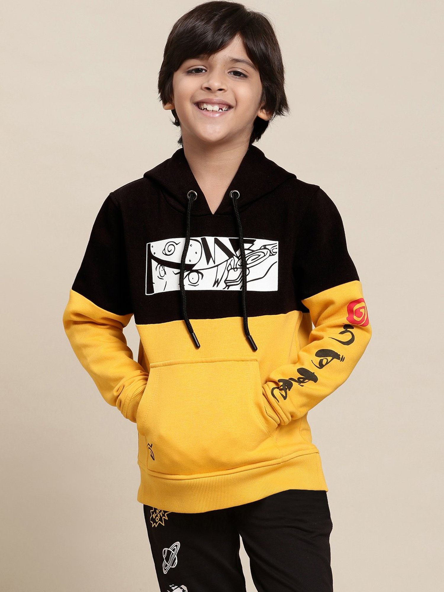 Kidsville Naruto Printed Yellow Hoodie For Boys