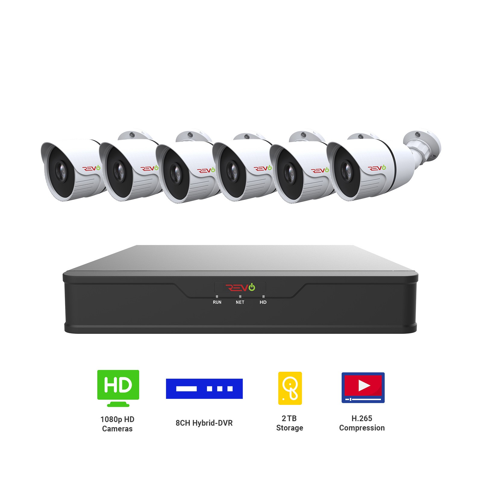 REVO America Hybrid 8Ch. 2TB HDD DVR Video Security System, 6 x 1080p Indoor/Outdoor IR Bullet Cameras - Remote Access via Smart Phone, Tablet, PC & MAC