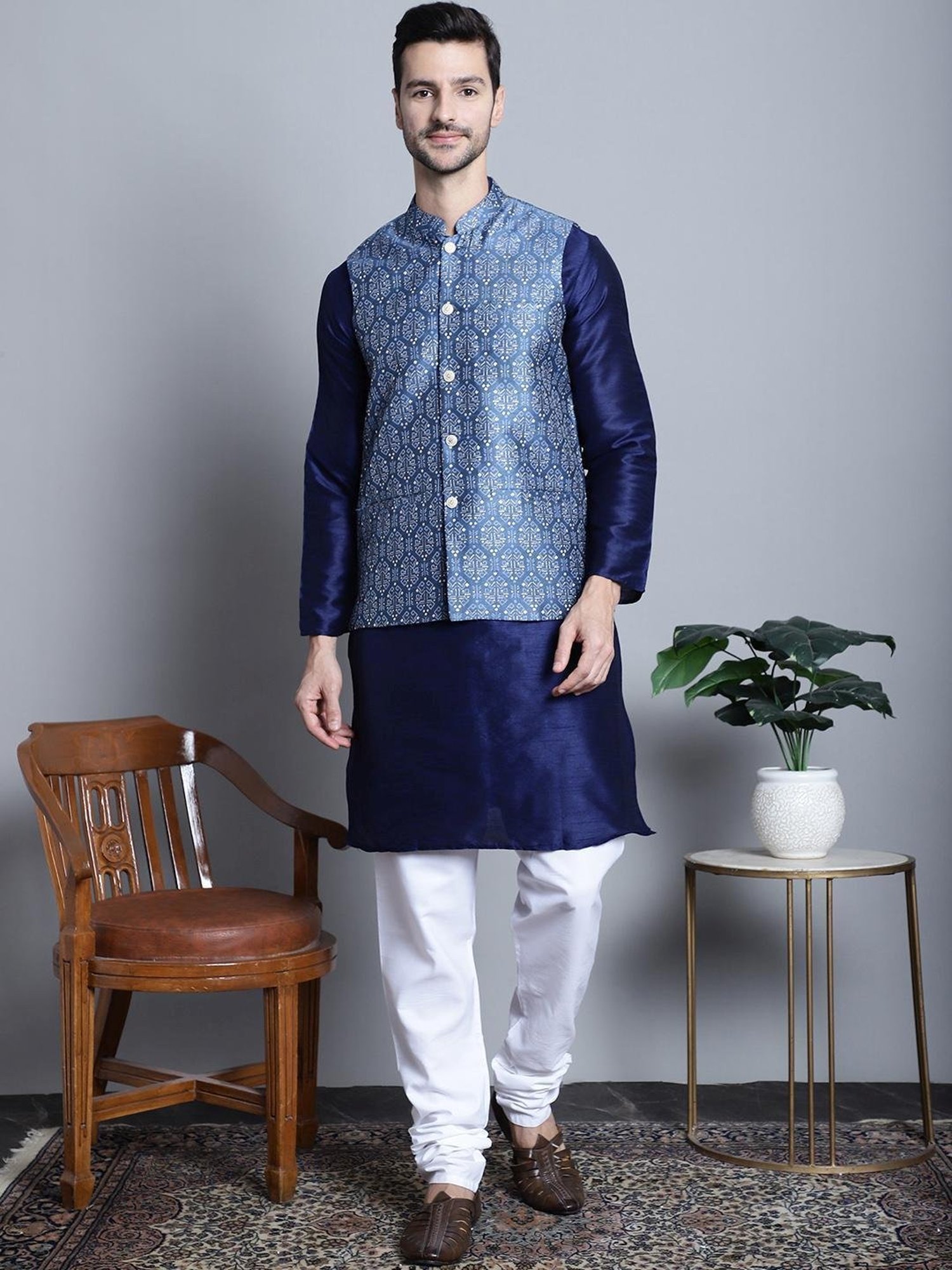Jompers Blue  Regular Fit Printed Nehru Jacket
