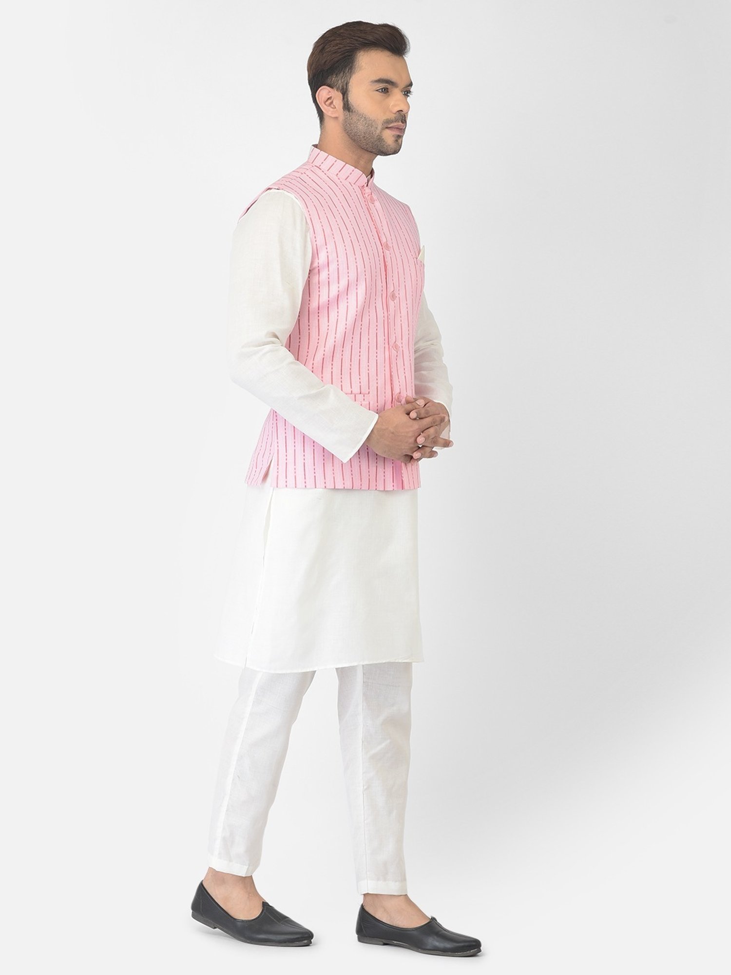 Deyann White & Pink Cotton Regular Fit Striped Kurta Set With Jacket