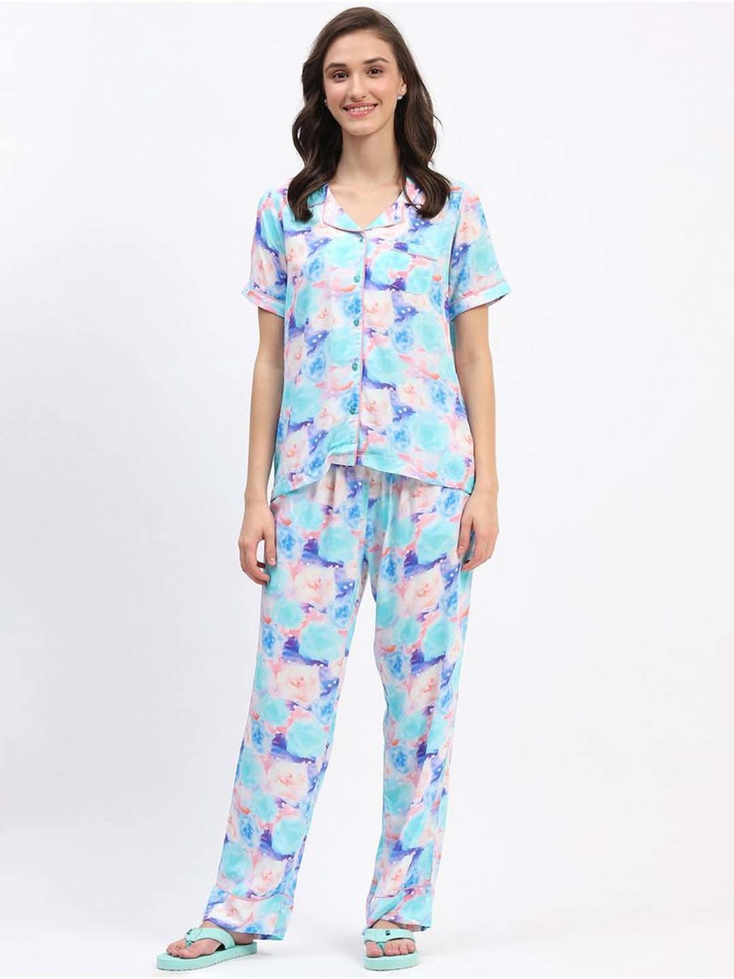 MADAME M Secret Blue Printed Shirt Pyjamas Set