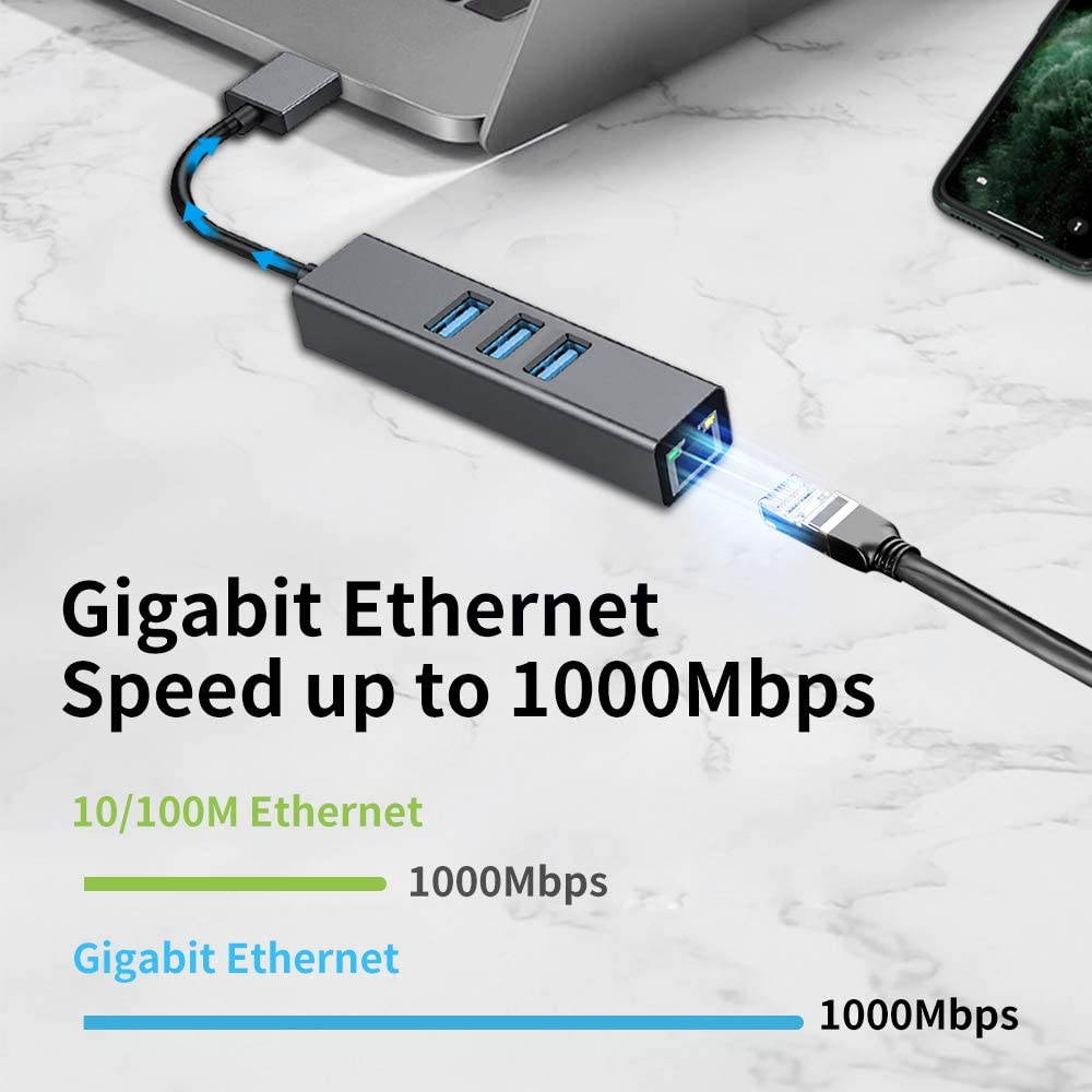 USB 3.0 Hub to 3x USB3.0 1x RJ45 Ethernet Adapter, with RJ45 10/100/1000 Gigabit Ethernet LAN Network to USB Adapter for Windows PC, Linux, MacBook, Ultrabook, Notebooks, Tablets, Aluminum (Black)