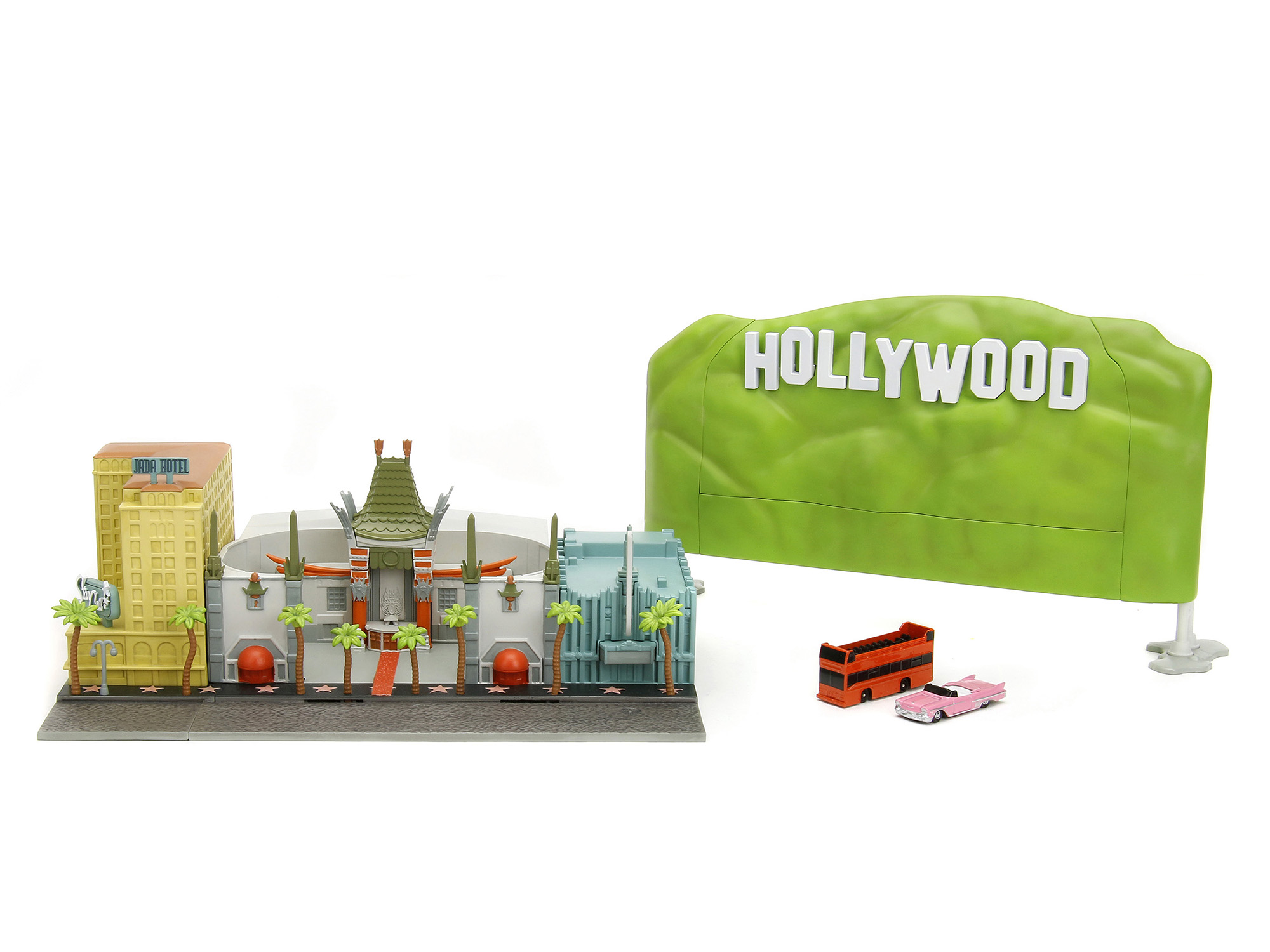 "Hollywood 100" Walk of Fame Diorama with Pink Convertible and Double-Decker Bus "Nano Scene" Series model by Jada