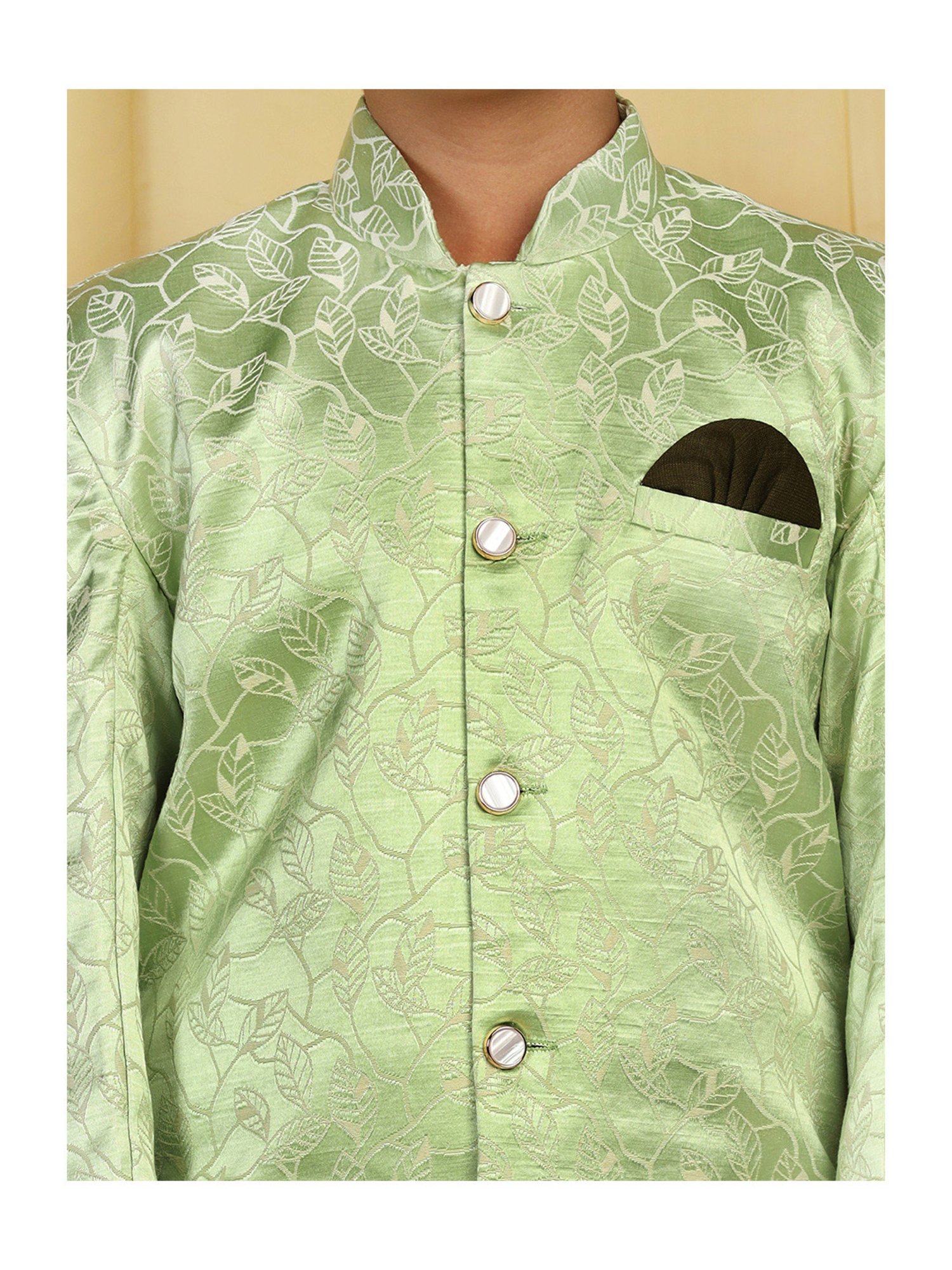 AJ Dezines Kids Green & White Printed Full Sleeves Sherwani with Salwar