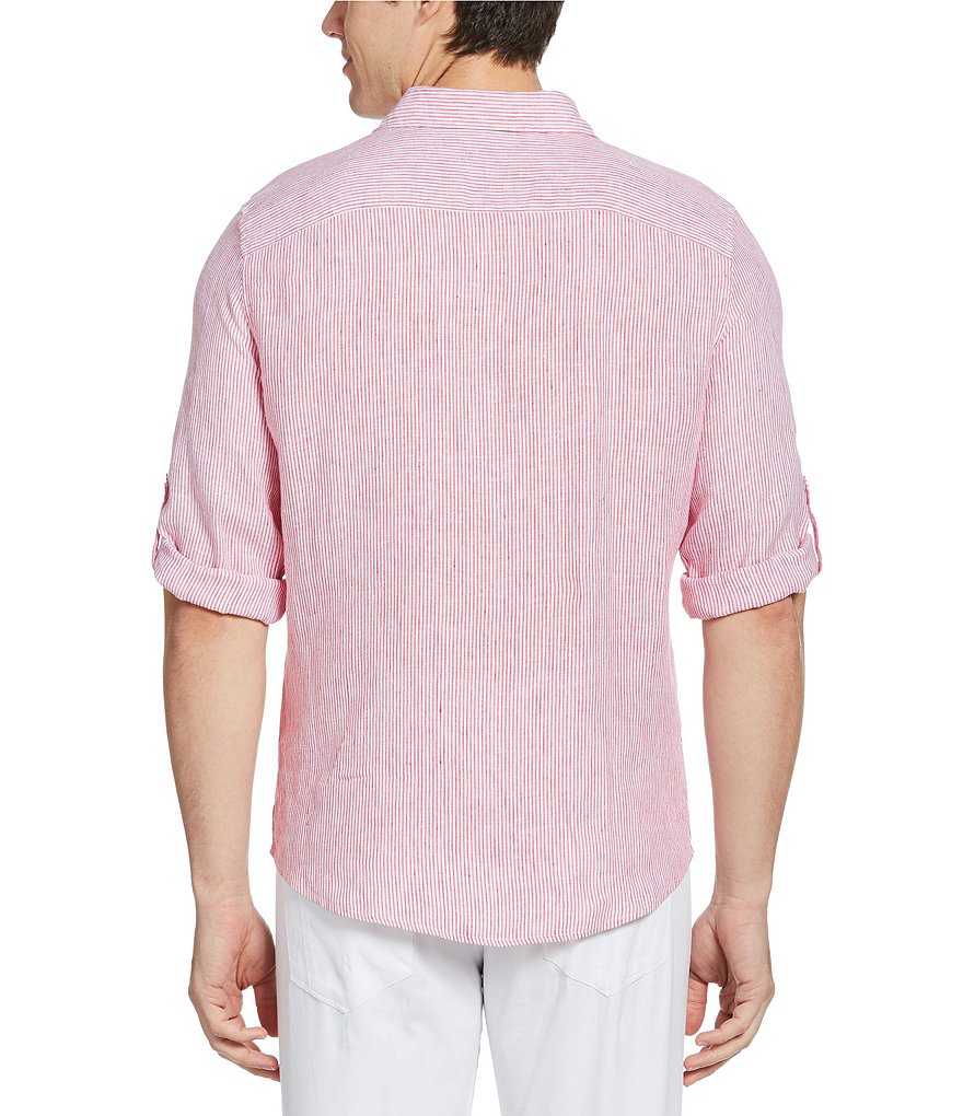 Perry Ellis Untucked Stripe Linen Roll-Sleeve Woven Shirt