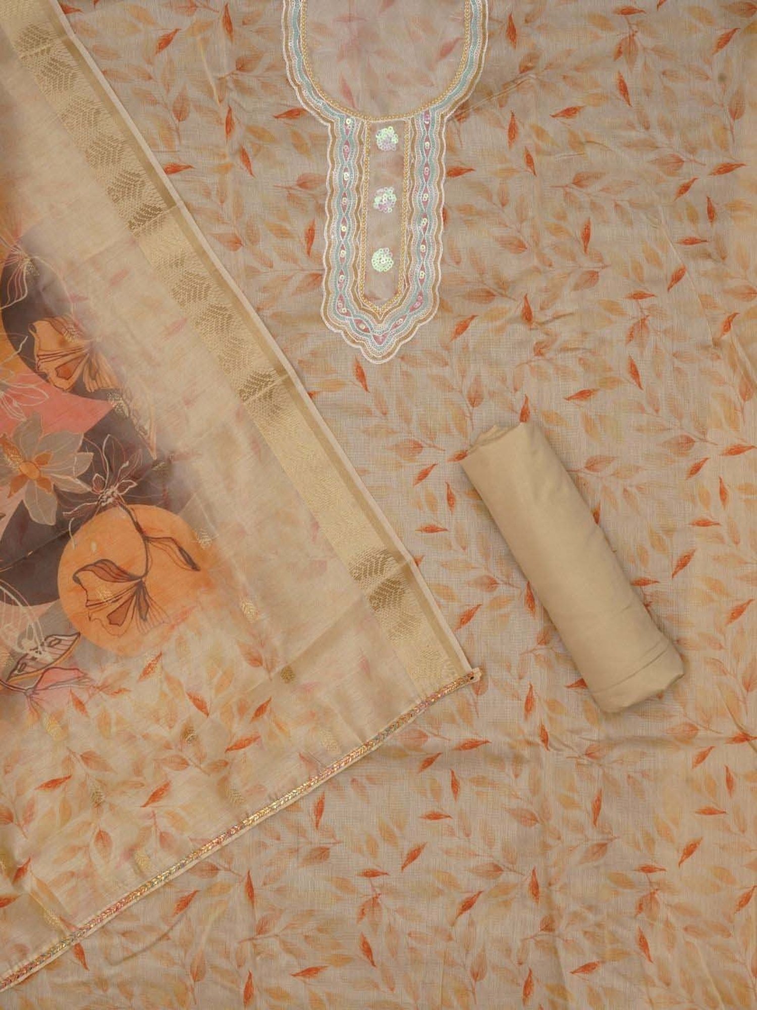 Jaipur Kurti Beige Embellished Unstitched Dress Material