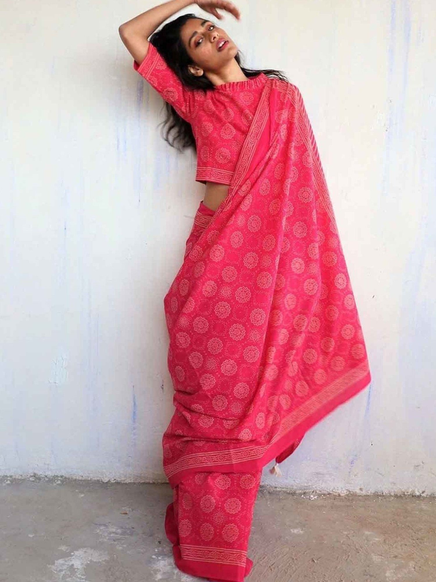 Chidiyaa Rani Pink Block Printed Cotton Mulmul Saree - Butterfly Girls
