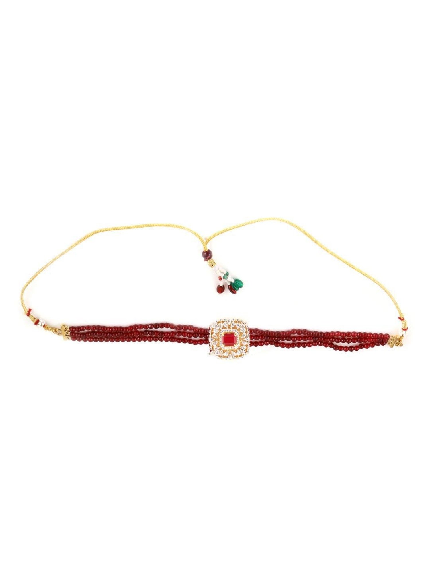 Estele Gold-Plated CZ Ruby And Red Beads Choker Square Necklace Set For Women
