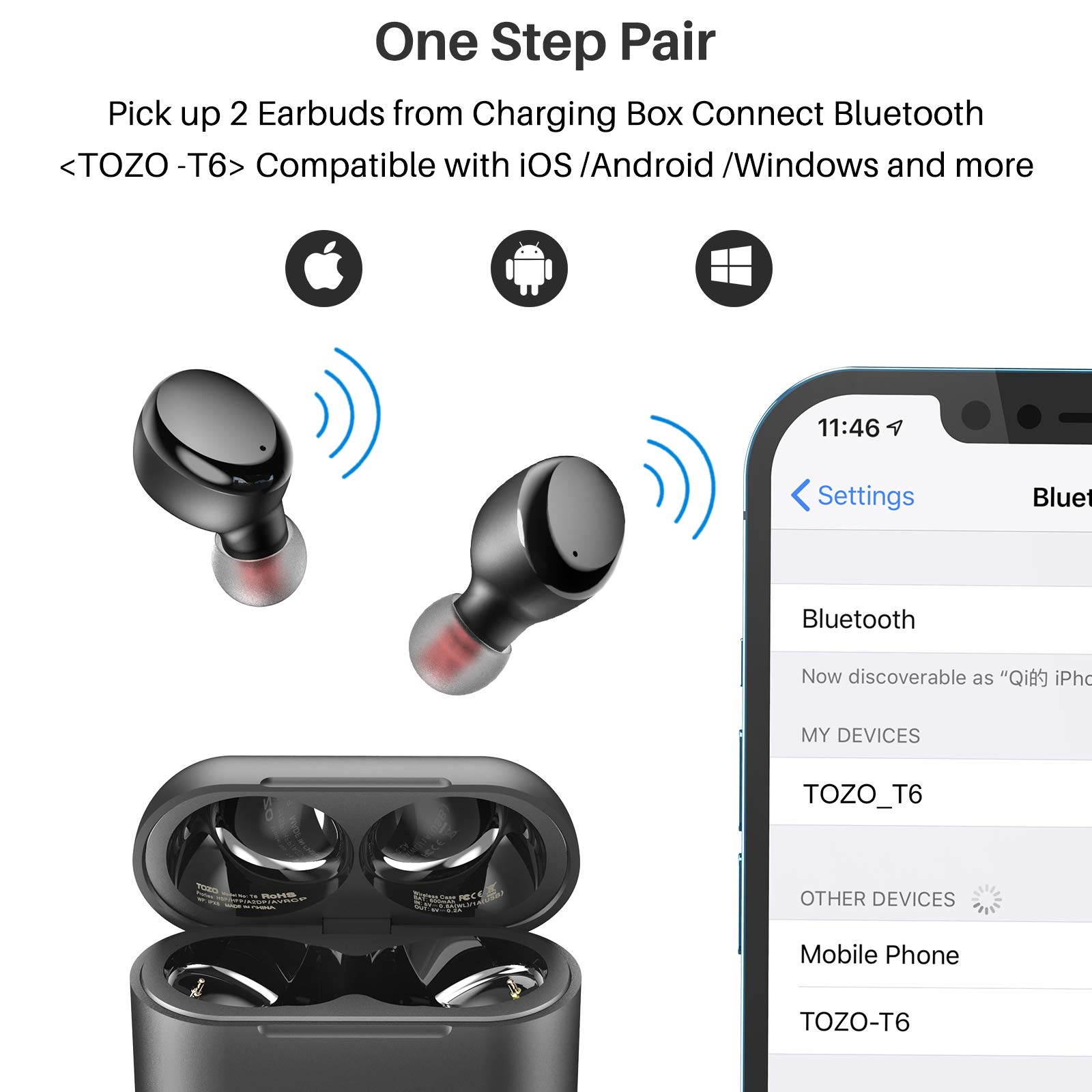 TOZO T6 True Wireless Earbuds Bluetooth Headphones Touch Control with Wireless Charging Case IPX8 Waterproof  Stereo Earphones in-Ear Built-in Mic Headset Premium Deep Bass for Sport