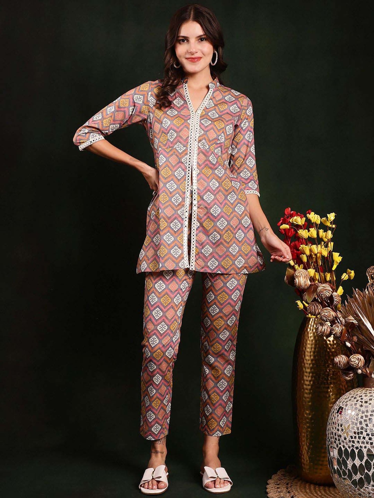 Claura Grey Cotton Printed Top Pant Set