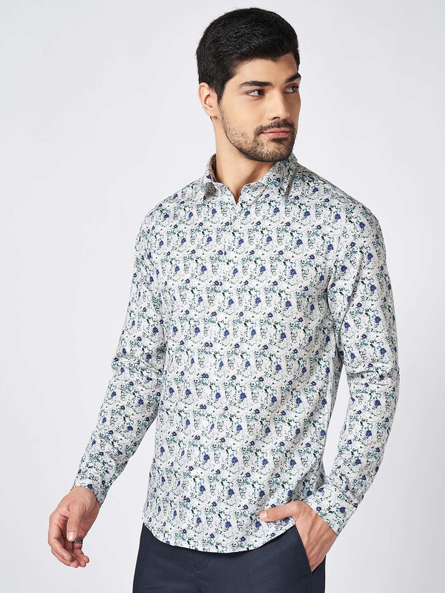 Peregrine By Pantaloons White Cotton Slim Fit Printed Shirt
