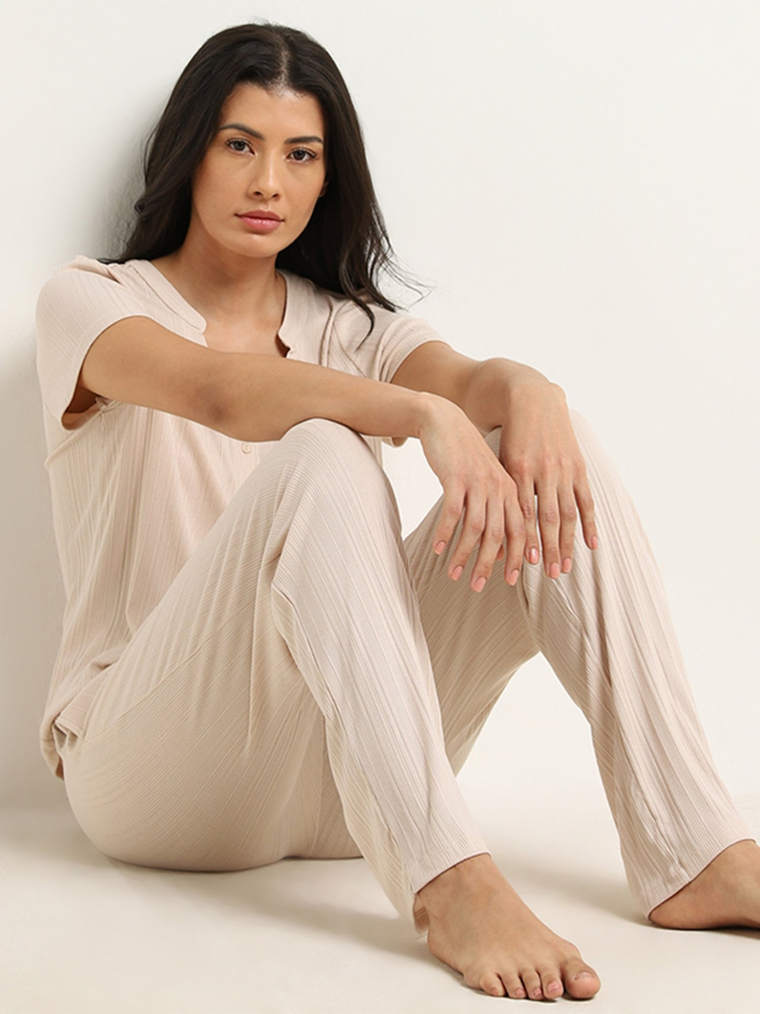 Wunderlove by Westside Beige Ribbed High-Rise Pants