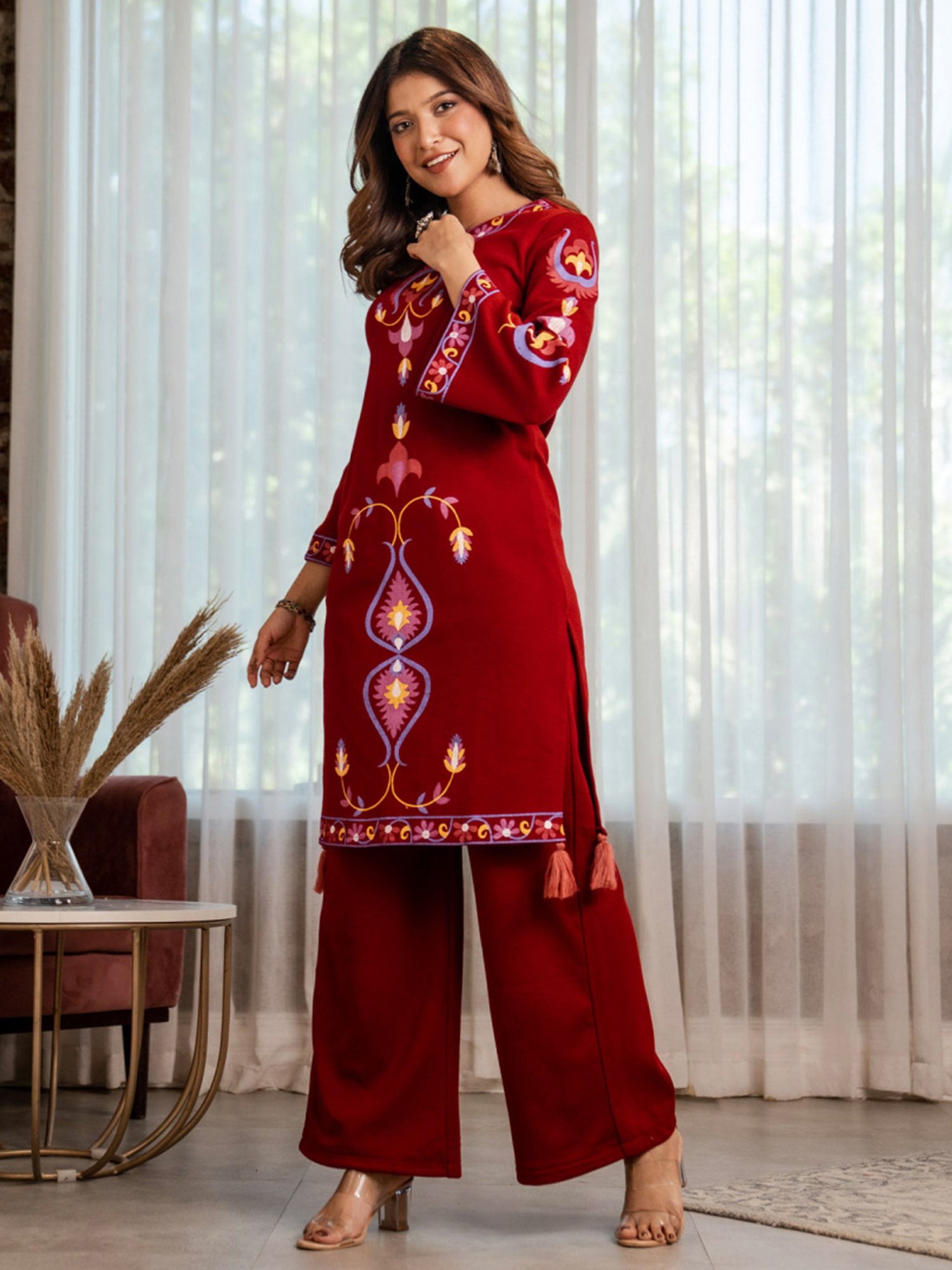 Rustorange Maroon Printed Straight Kurta