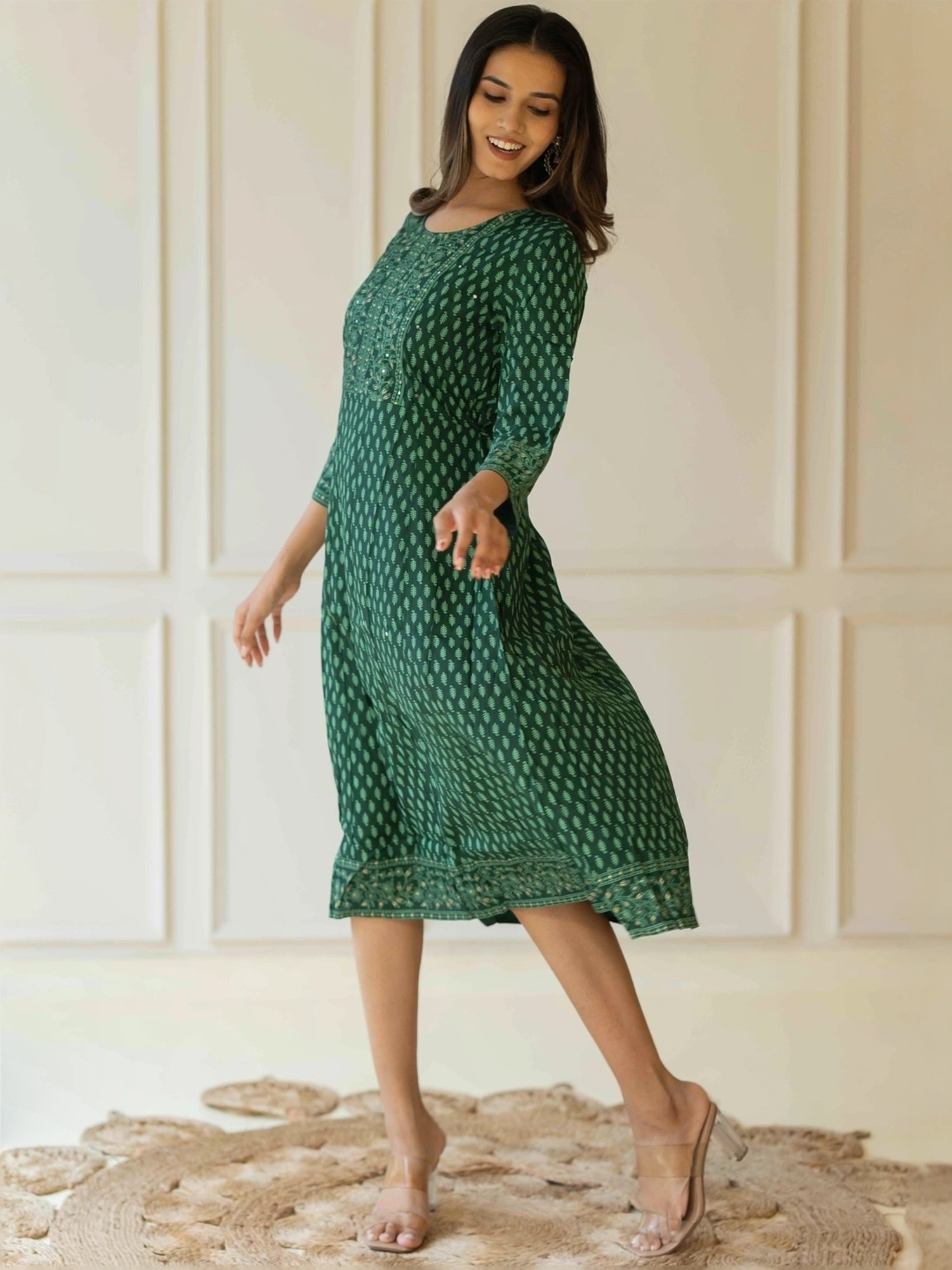 MIRCHI FASHION Green Cotton Printed A-Line Dress