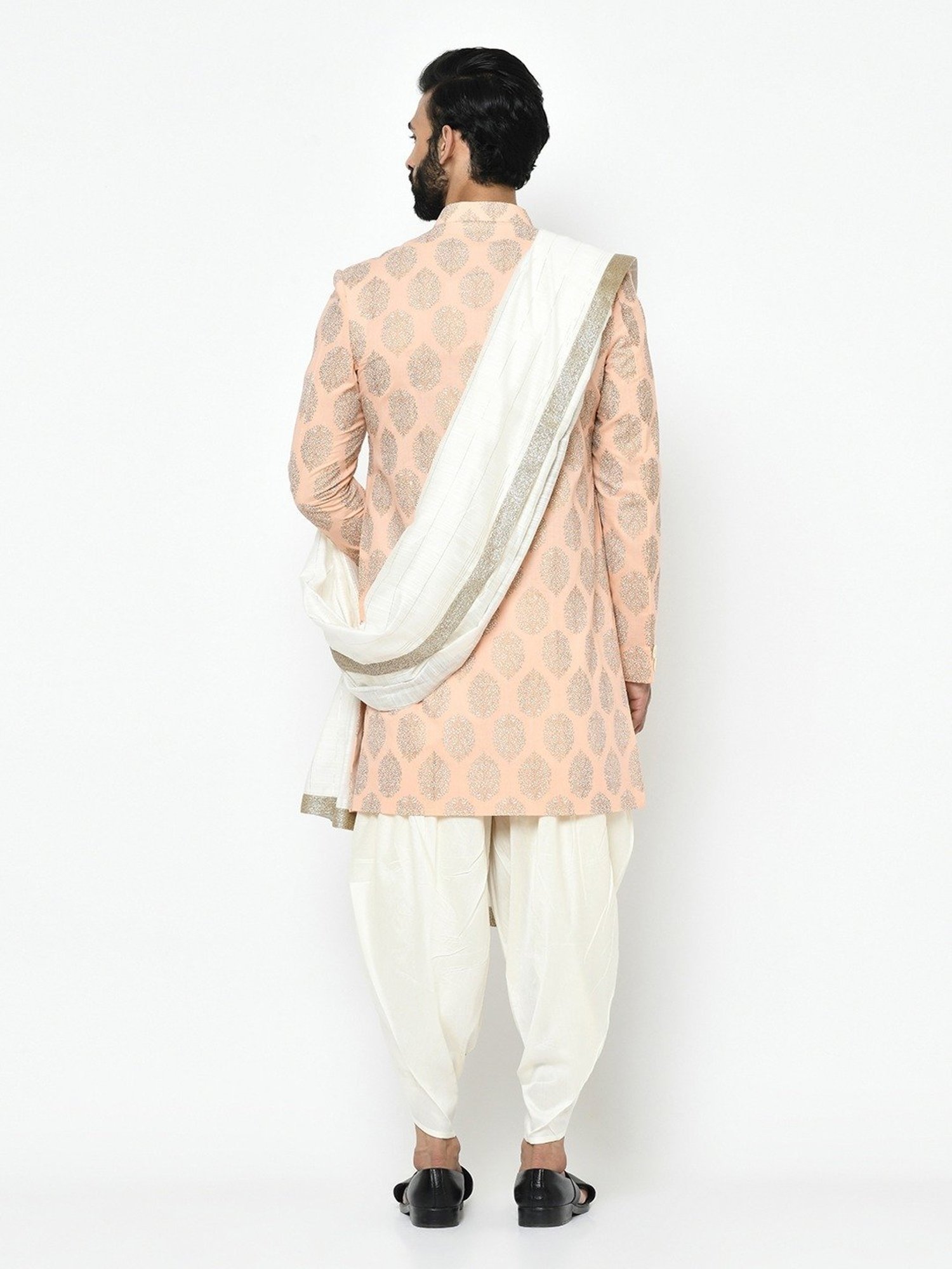 KISAH Peach & White Cotton Regular Fit Printed Sherwani Set