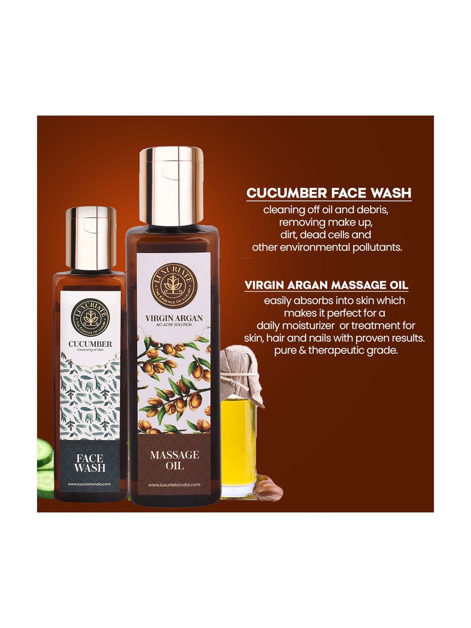 Luxuriate Virgin Argan Massage Oil and Cucumber Herbal Cleansing Face Wash Combo