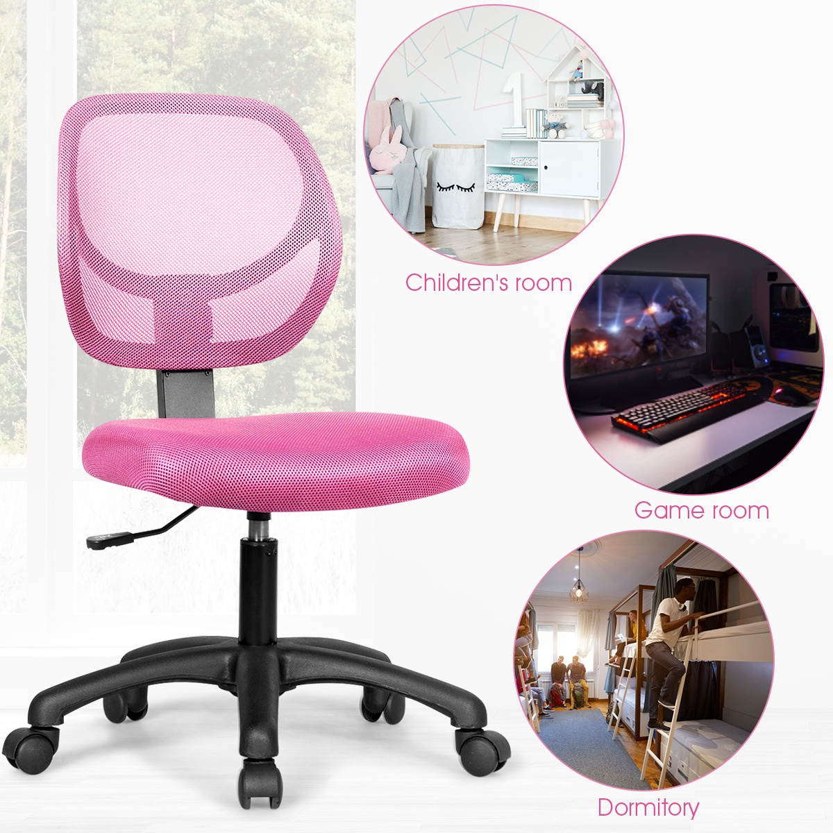 Costway Mesh Office Chair Low-Back Armless Computer Desk Chair Adjustable Height Pink