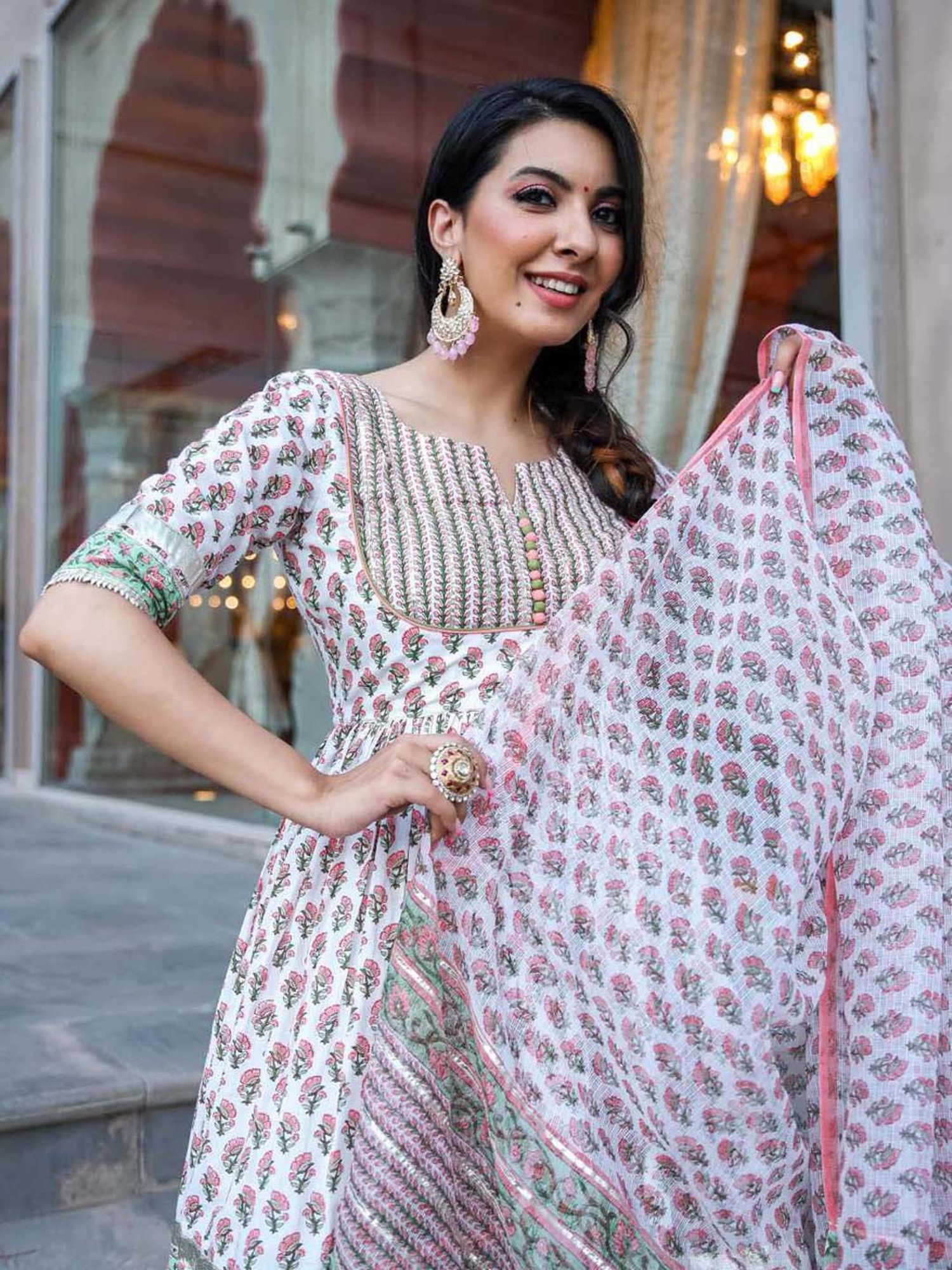 AACHHO White Cotton Floral Print Kurti Sharara Set With Dupatta