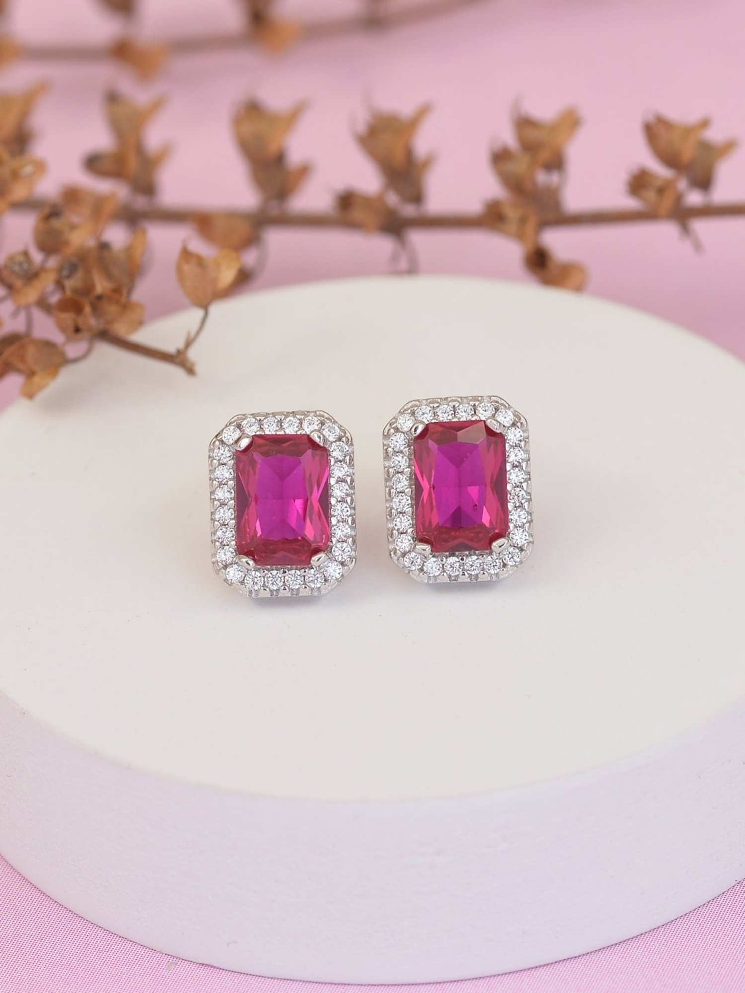 925 Silver Red Ruby and American Diamond Halo Stud Earrings for Women & Girls