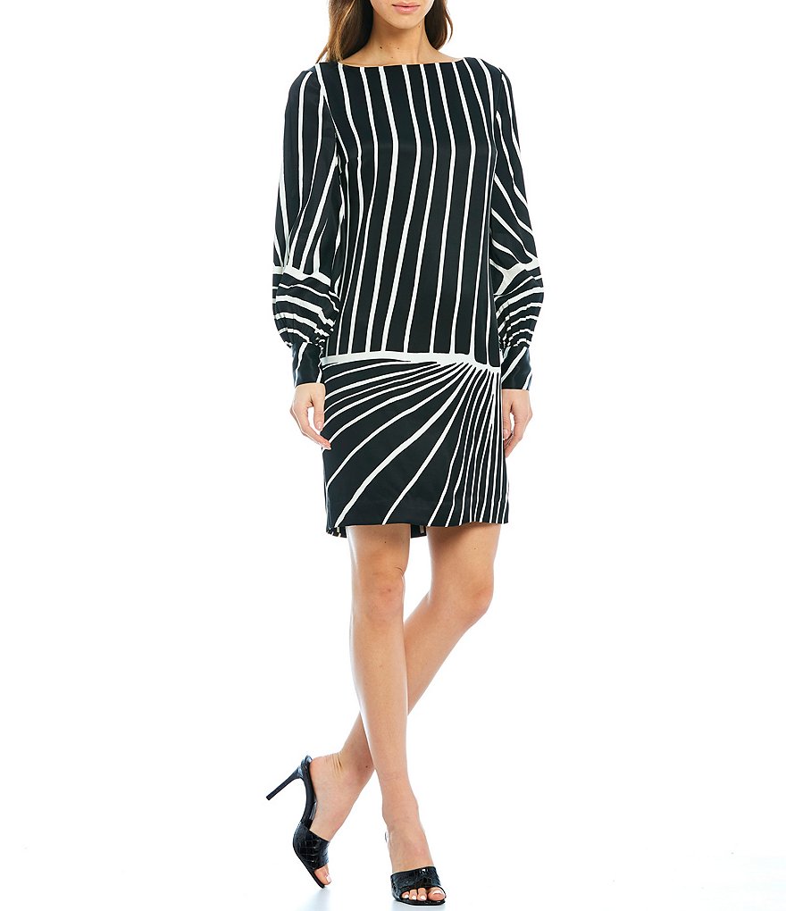 Trina Turk Decor Stripe Placed Print Bateau Neck Balloon Long Sleeve Dress