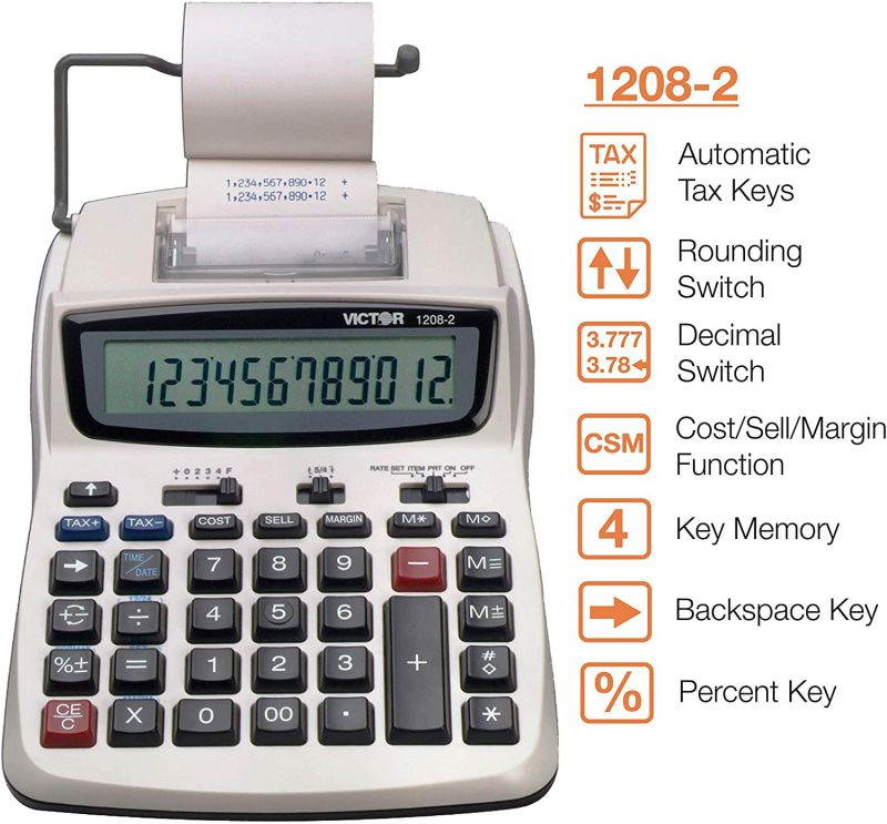 Victor 1208-2 Two-Color Compact Printing Calculator Black/Red Print 2.3 Lines