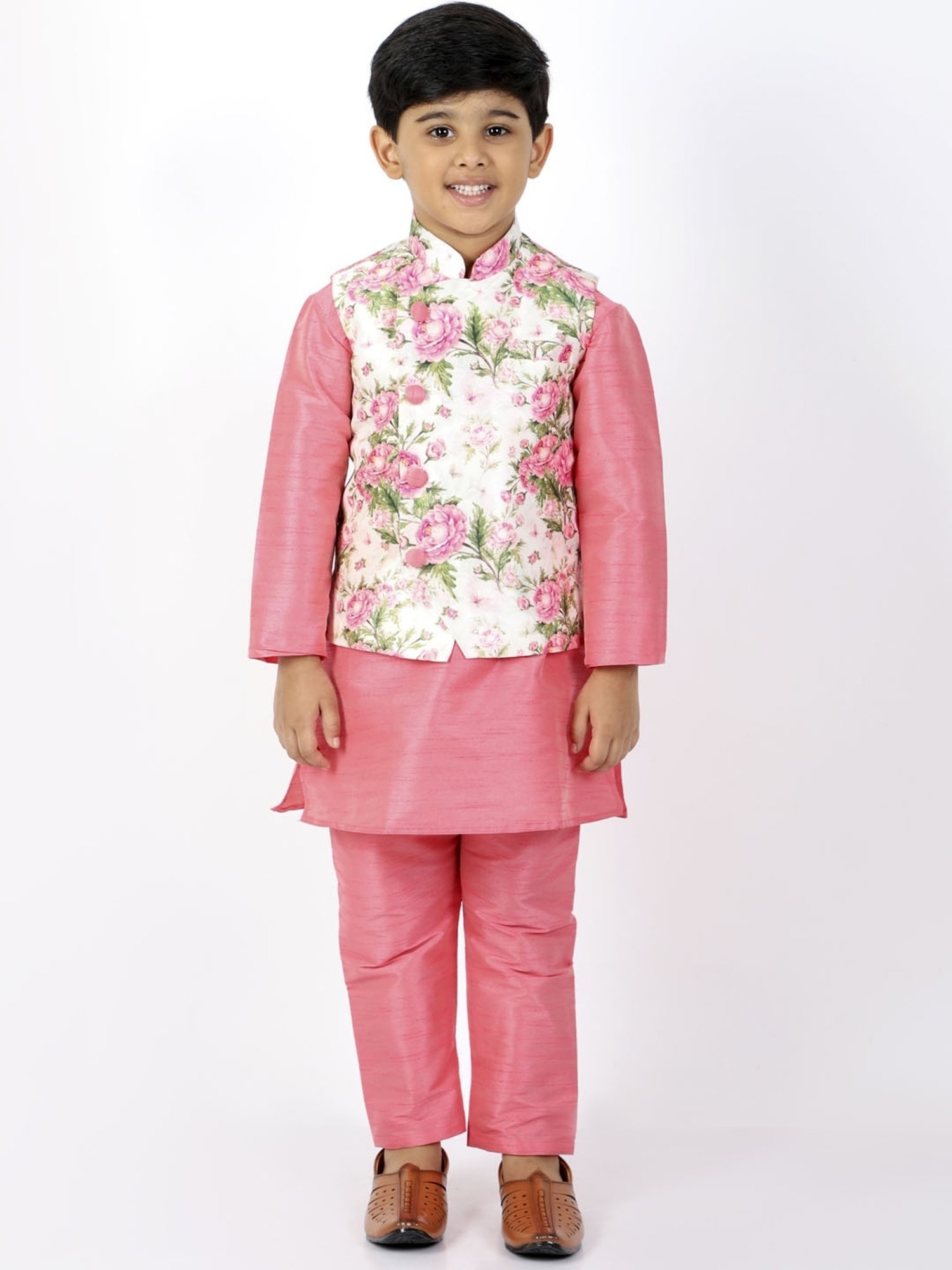 VASTRAMAY Kids Pink & White Floral Print Nehru Jacket