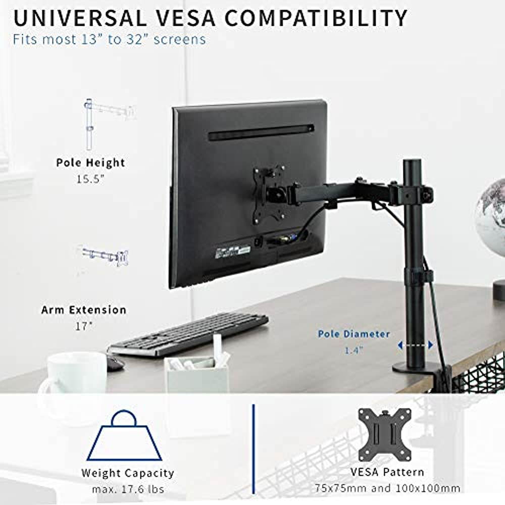 VIVO Single LCD 13" to 32" Monitor Desk Mount Stand, Fully Adjustable, Tilt, Rotation | For 1 Screen (STAND-V100B)