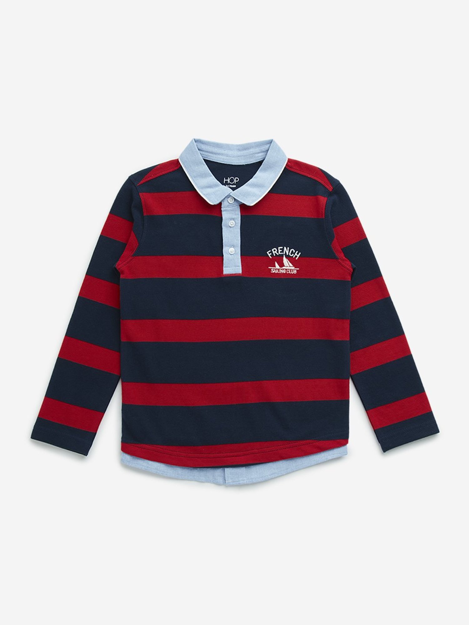 HOP Kids by Westside Navy & Red Striped Cotton Polo T-Shirt