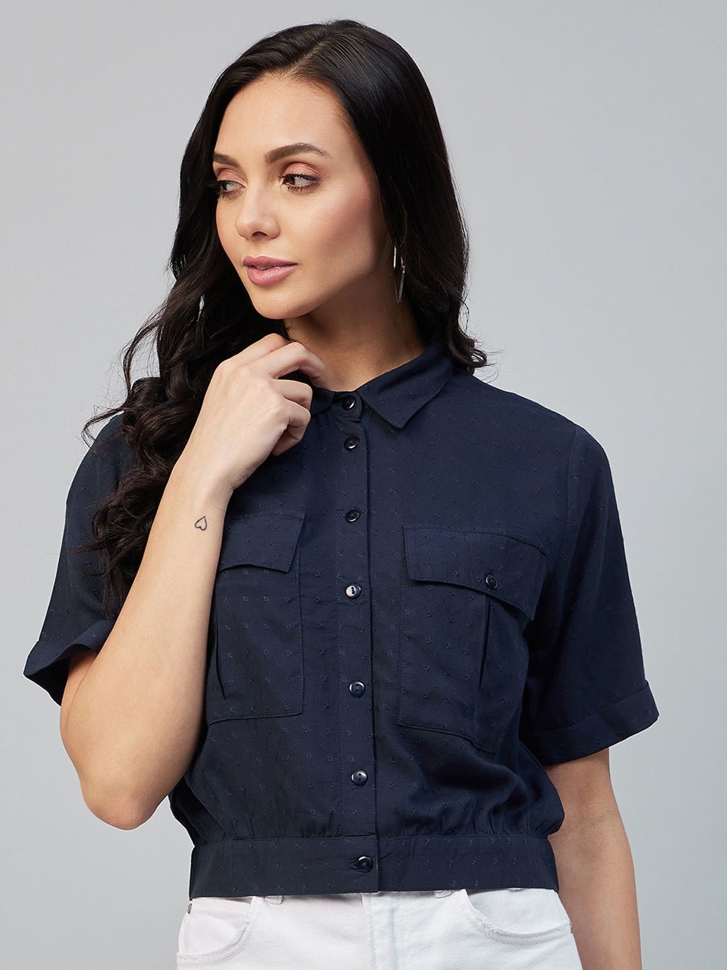 Marie Claire Navy Self Design Shirt