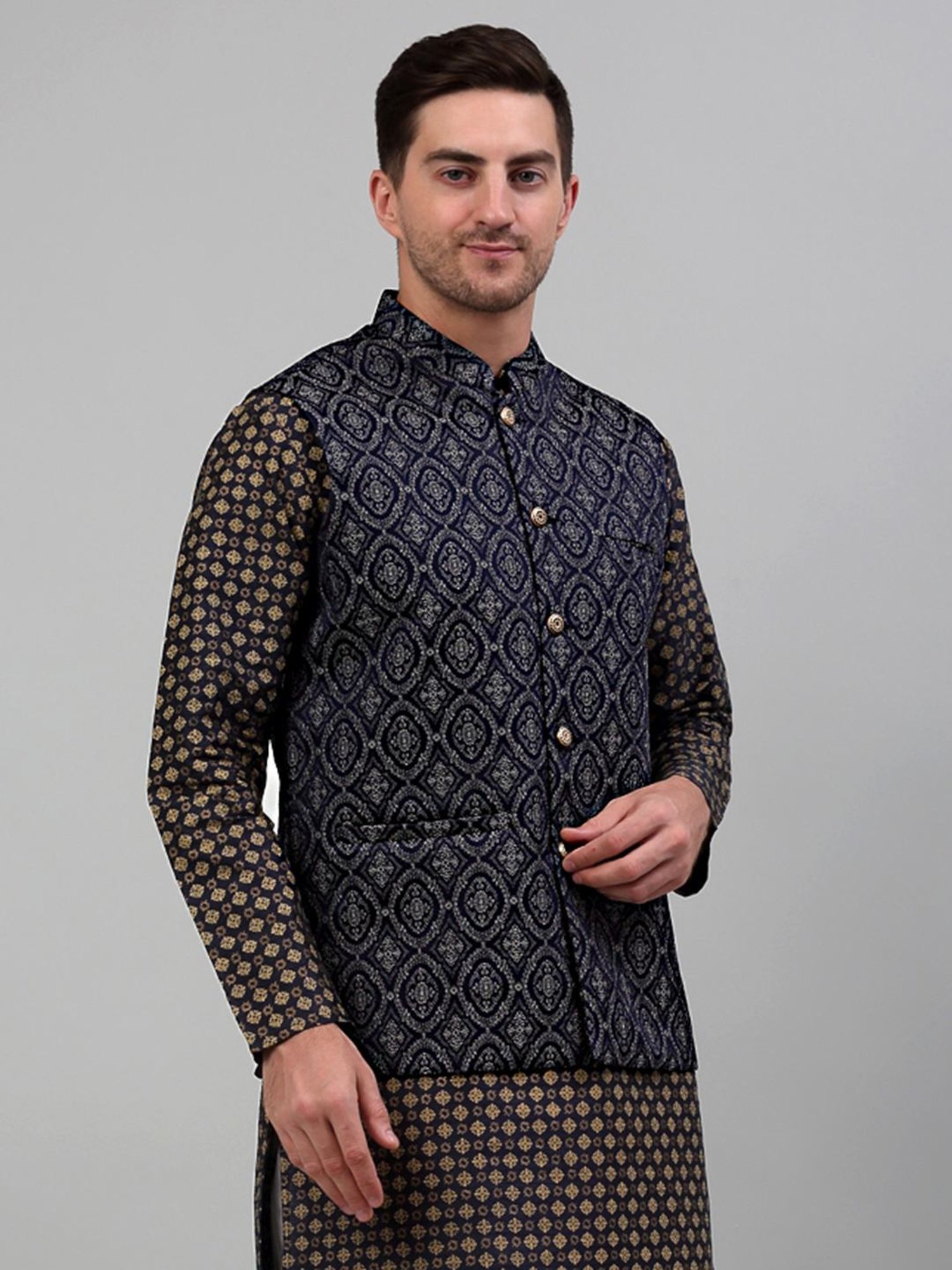 Jompers Silver Regular Fit Self Pattern Nehru Jacket
